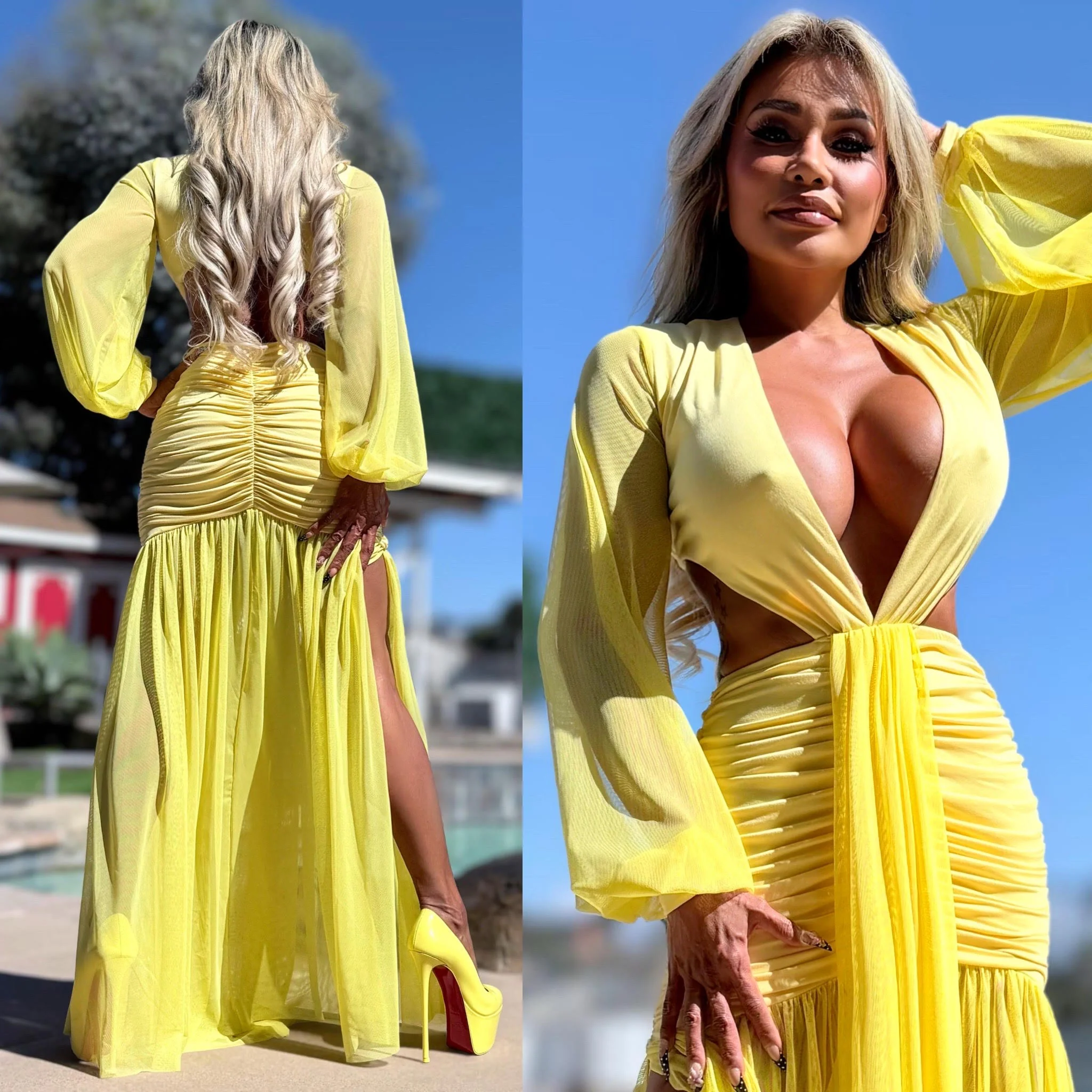 Connie's "EXOTIC YELLOW DAISY 🌴 Island Princess Maxi" Stretch Fit, Lined Upper and Lower, See thru Arms and Legs, One Thigh Opening🥂 Made in USA - Image 3
