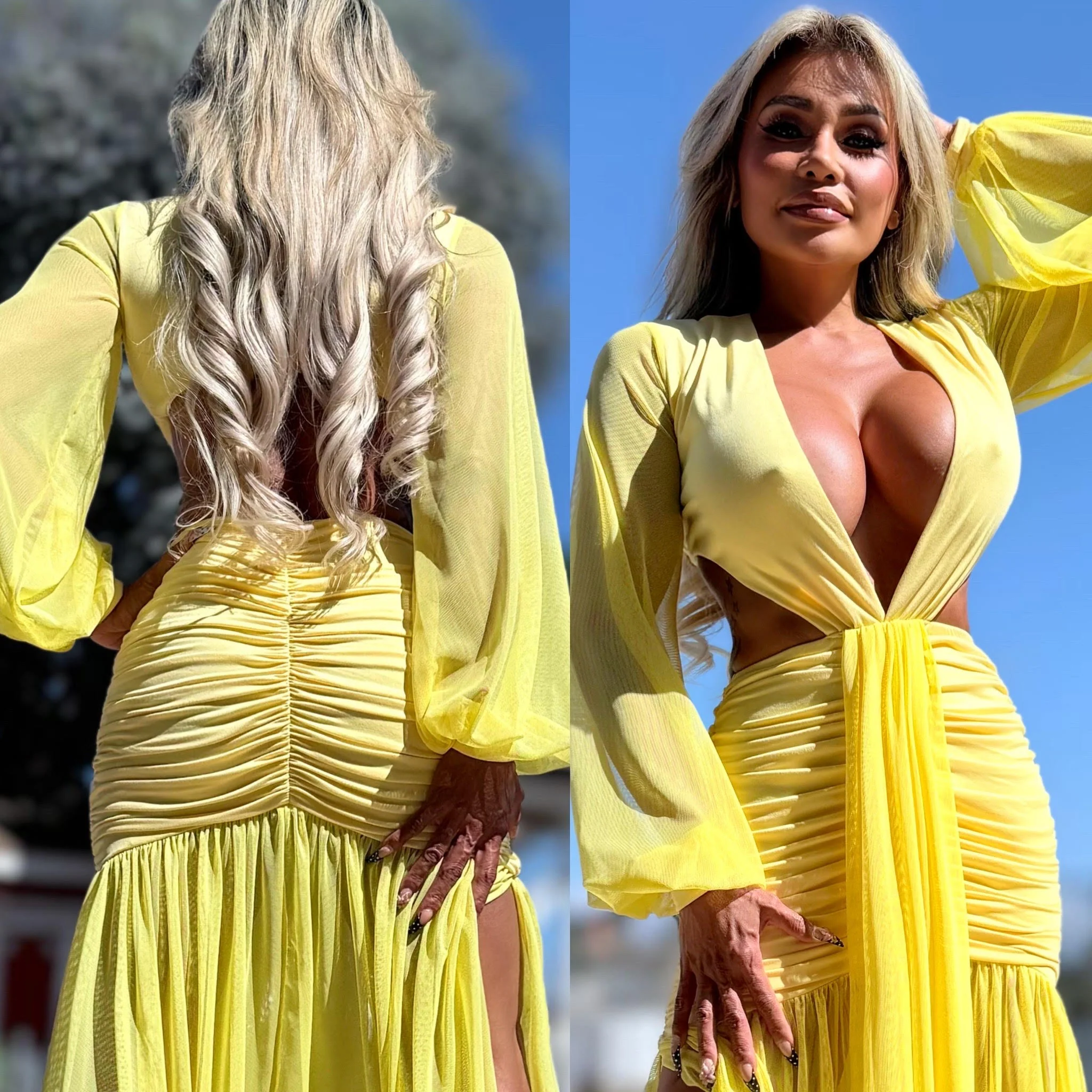Connie's "EXOTIC YELLOW DAISY 🌴 Island Princess Maxi" Stretch Fit, Lined Upper and Lower, See thru Arms and Legs, One Thigh Opening🥂 Made in USA - Image 4