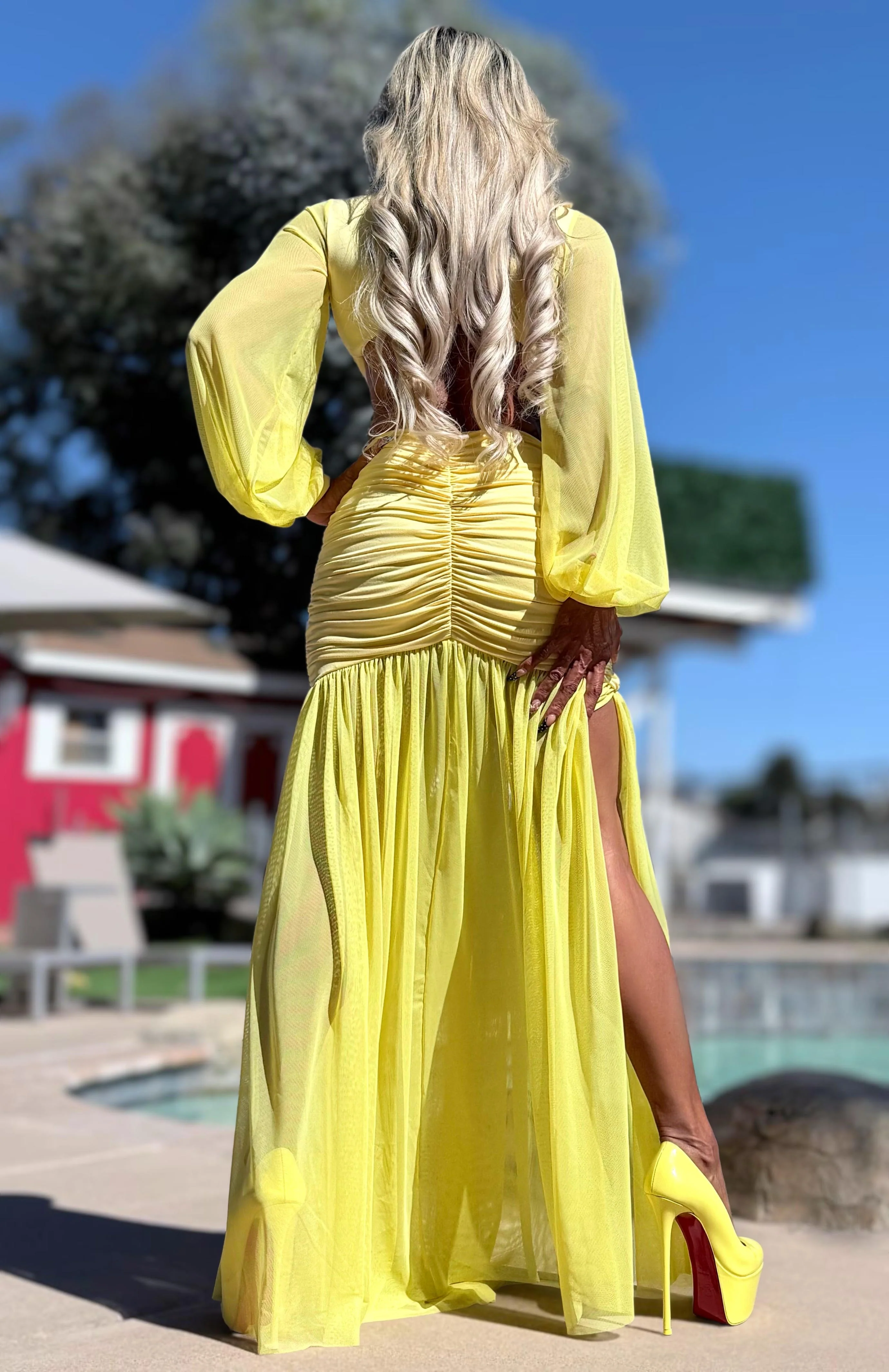 Connie's "EXOTIC YELLOW DAISY 🌴 Island Princess Maxi" Stretch Fit, Lined Upper and Lower, See thru Arms and Legs, One Thigh Opening🥂 Made in USA - Image 6