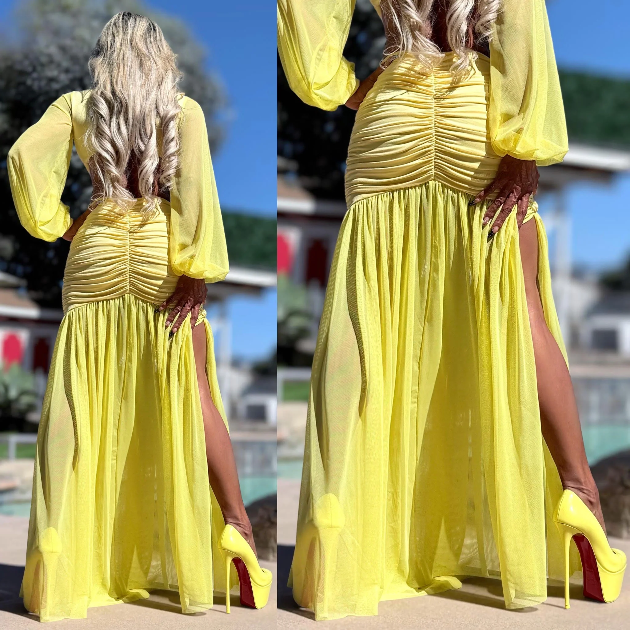 Connie's "EXOTIC YELLOW DAISY 🌴 Island Princess Maxi" Stretch Fit, Lined Upper and Lower, See thru Arms and Legs, One Thigh Opening🥂 Made in USA - Image 7
