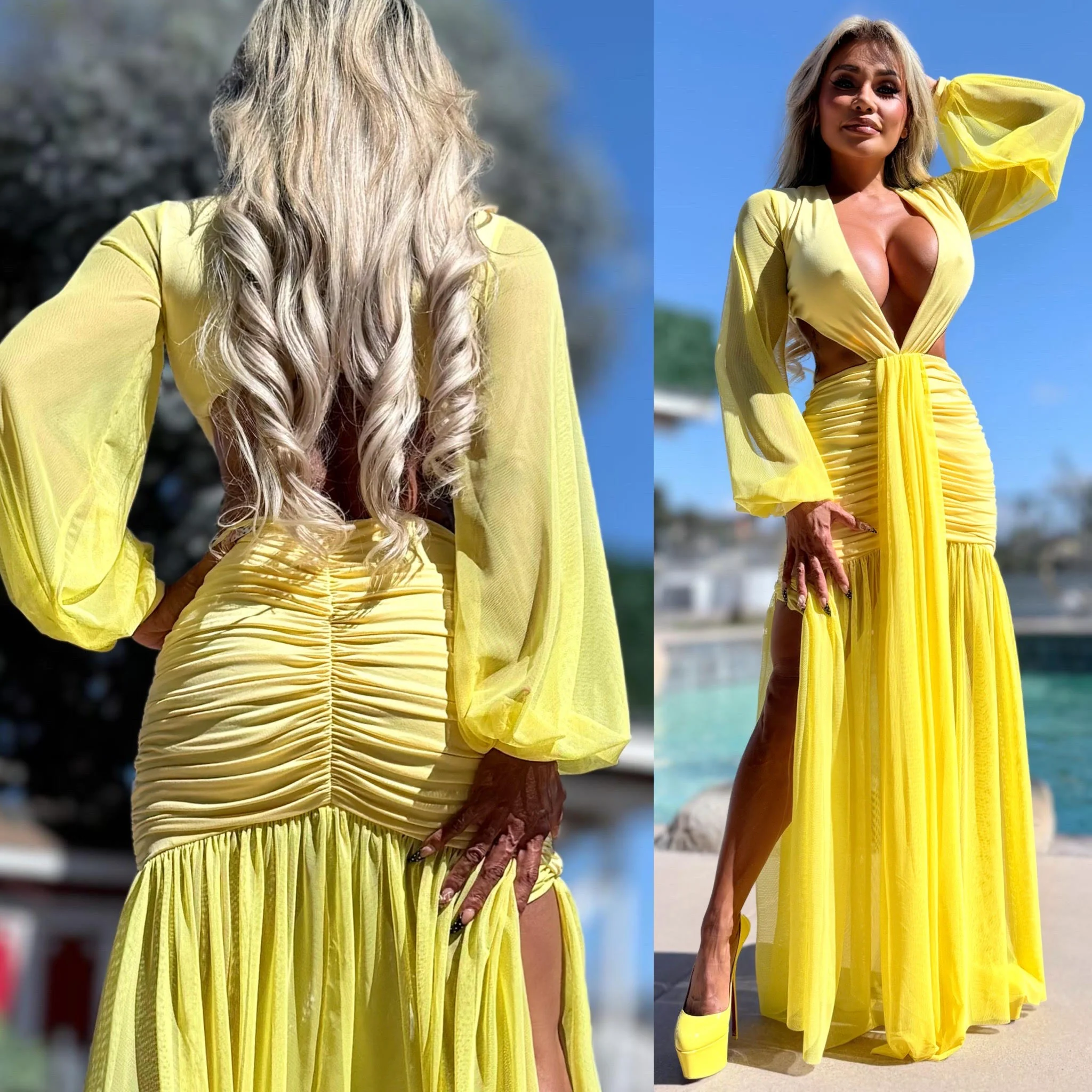 Connie's "EXOTIC YELLOW DAISY 🌴 Island Princess Maxi" Stretch Fit, Lined Upper and Lower, See thru Arms and Legs, One Thigh Opening🥂 Made in USA - Image 8