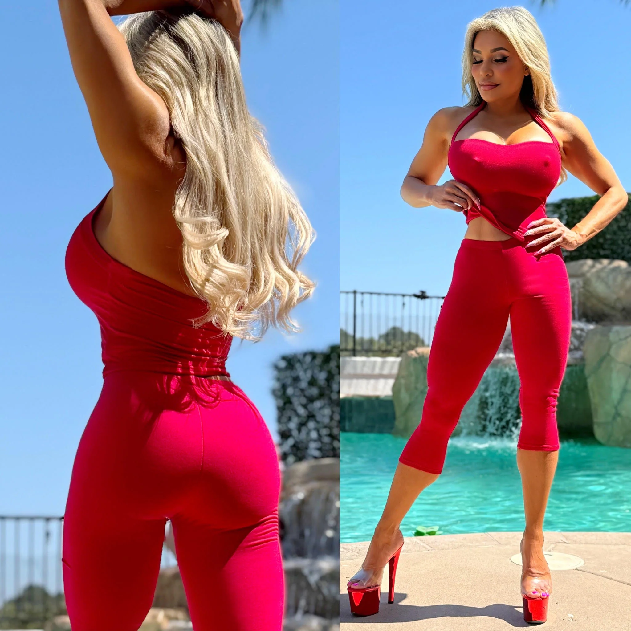 Connie's EXCLUSIVE "RETRO ❤️RED❤️ SET" CAPRI Leggings and RETRO HALTER TOP SET, Signature Double Fabric Construction, Made in USA - Image 3