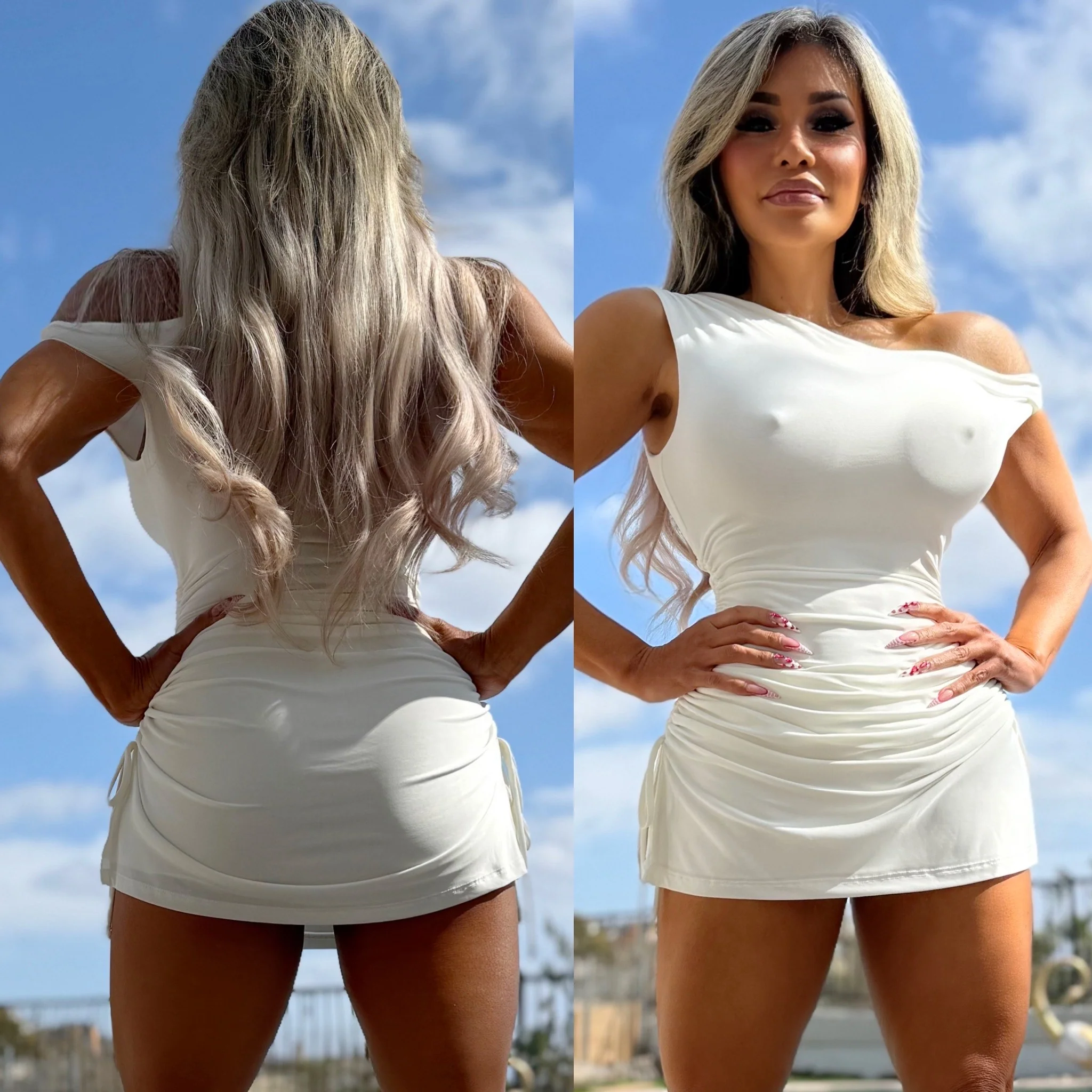 FINAL SALE Connie's  "ADJUSTABLE LENGTH DOUBLE SIDE SPLIT WHITE SHEEN Mini" With Adjustable Ruched ASS, and A Tight Fit Waist ... Made in The USA 💯 - Image 3