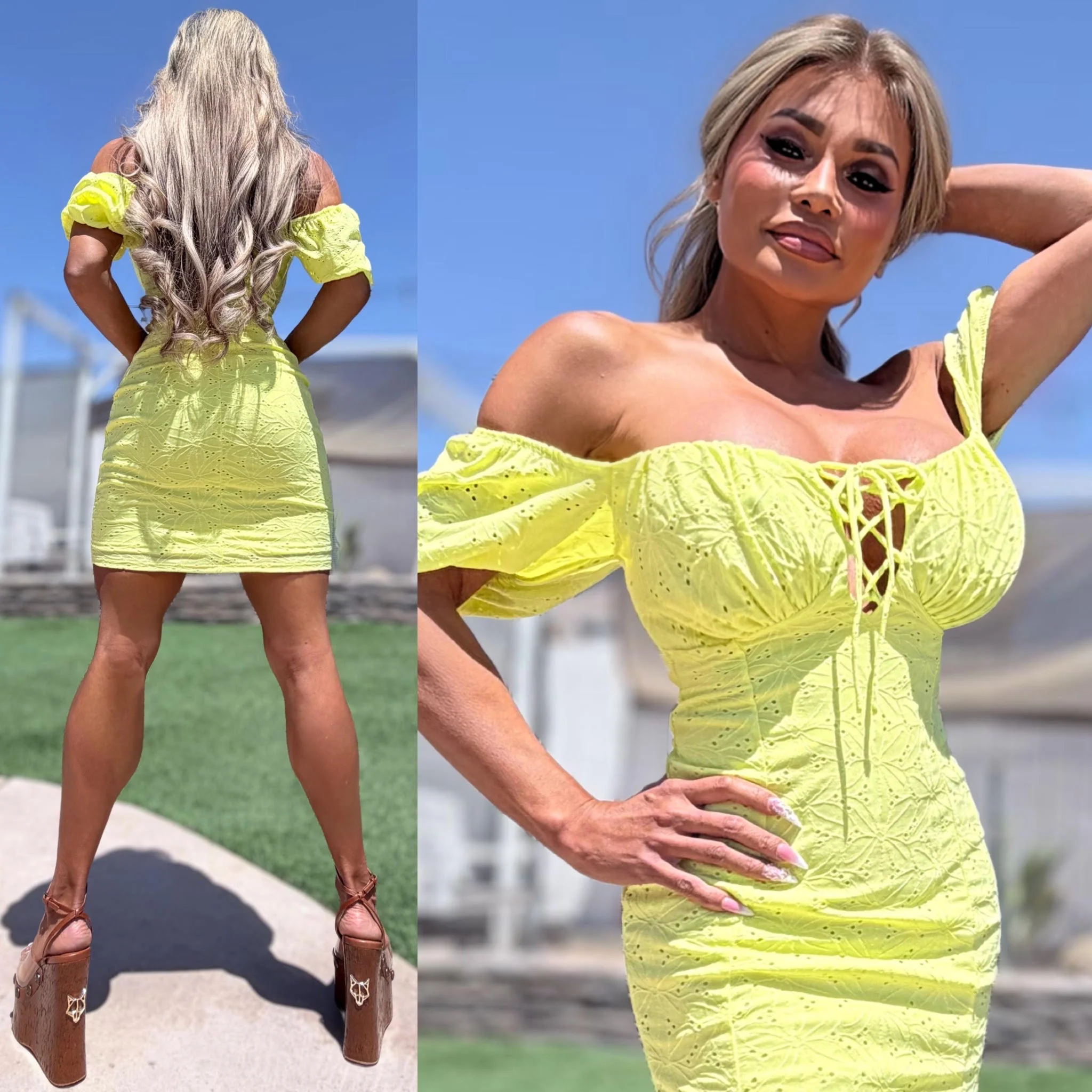 Connie's "SUNSHINE LIME YELLOW URBAN PRAIRIE GIRL MINI" OFF or ON Shoulder, Lace up Chest, STRETCH Eyelet Lace, Lined matching fabric