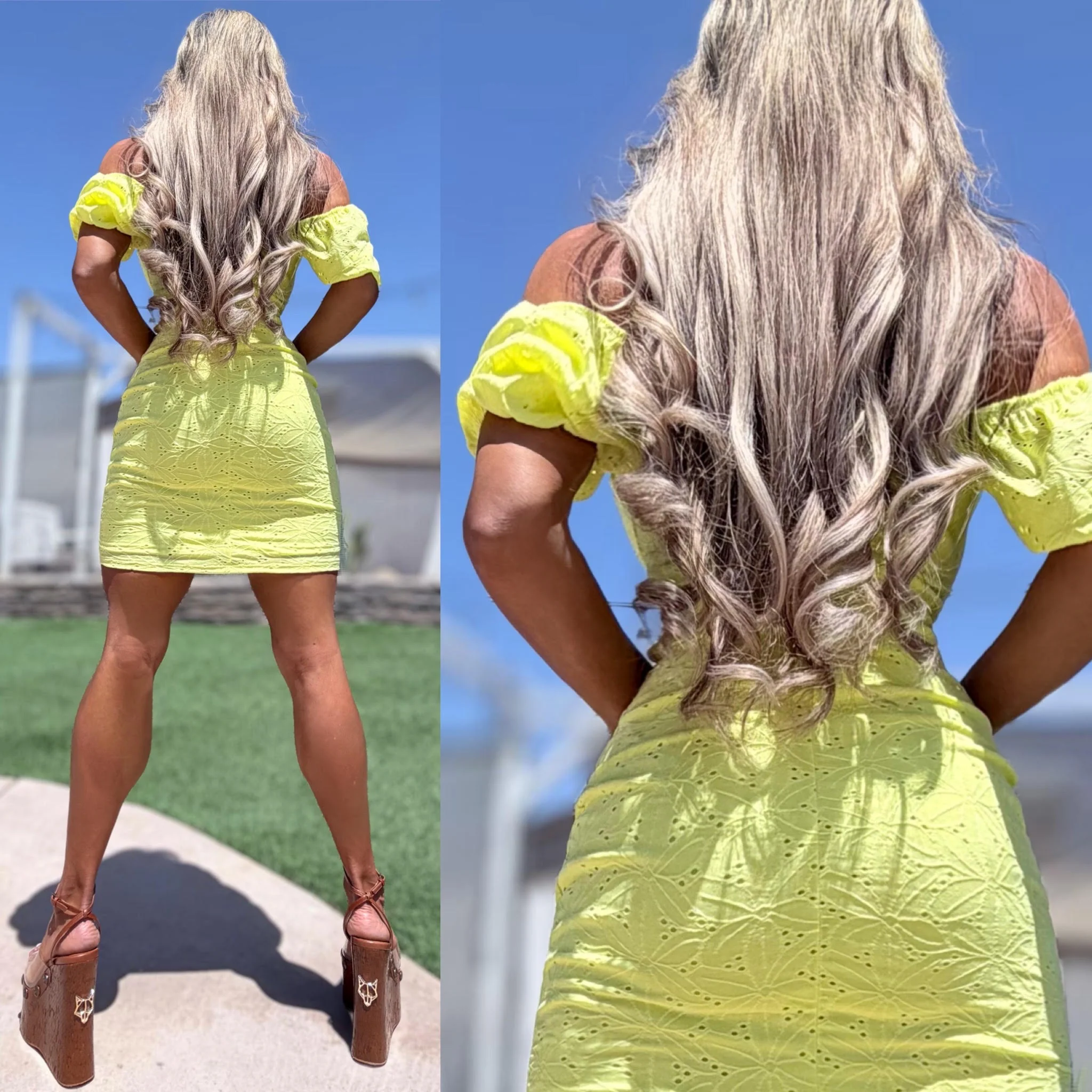 Connie's "SUNSHINE LIME YELLOW URBAN PRAIRIE GIRL MINI" OFF or ON Shoulder, Lace up Chest, STRETCH Eyelet Lace, Lined matching fabric - Image 3