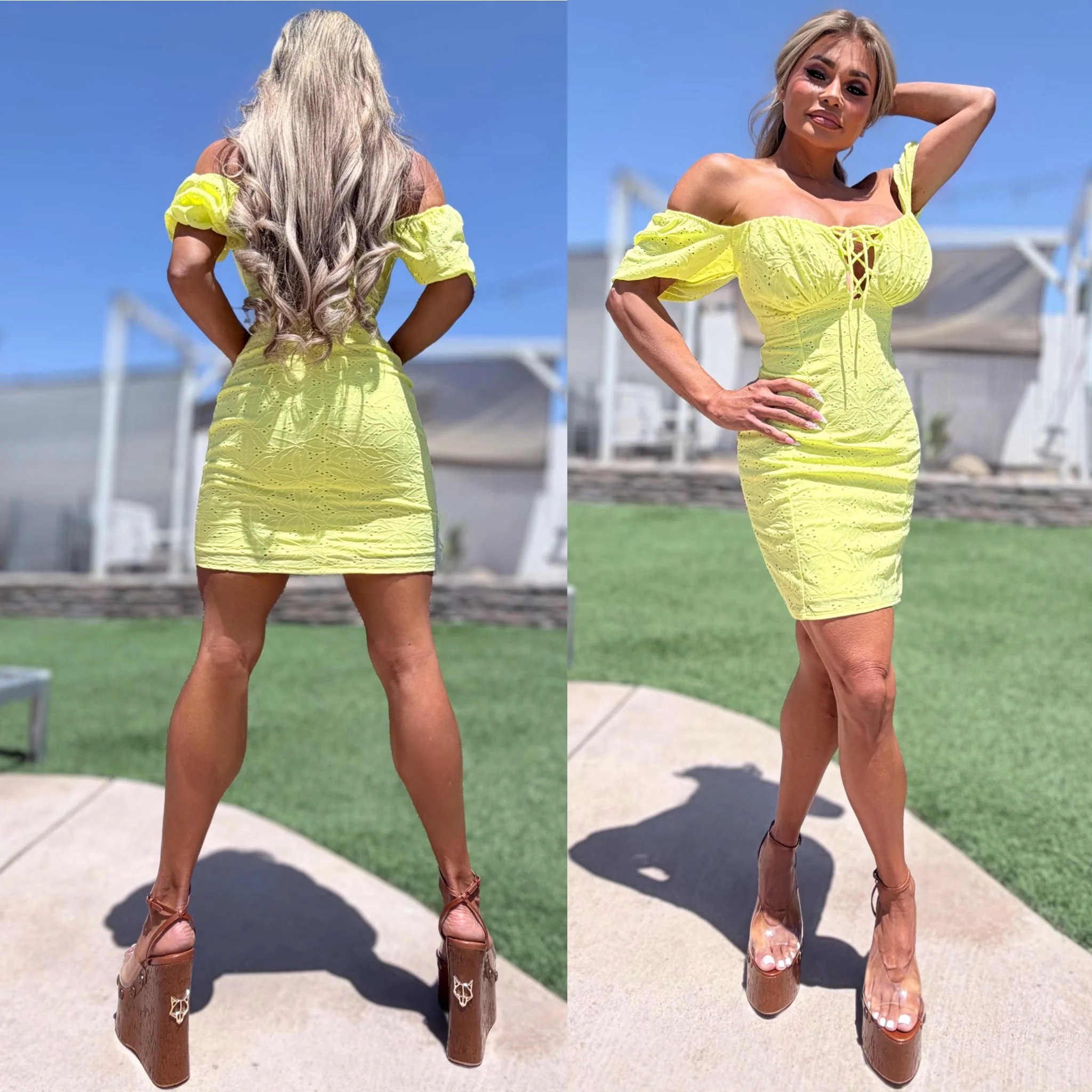Connie's "SUNSHINE LIME YELLOW URBAN PRAIRIE GIRL MINI" OFF or ON Shoulder, Lace up Chest, STRETCH Eyelet Lace, Lined matching fabric - Image 5