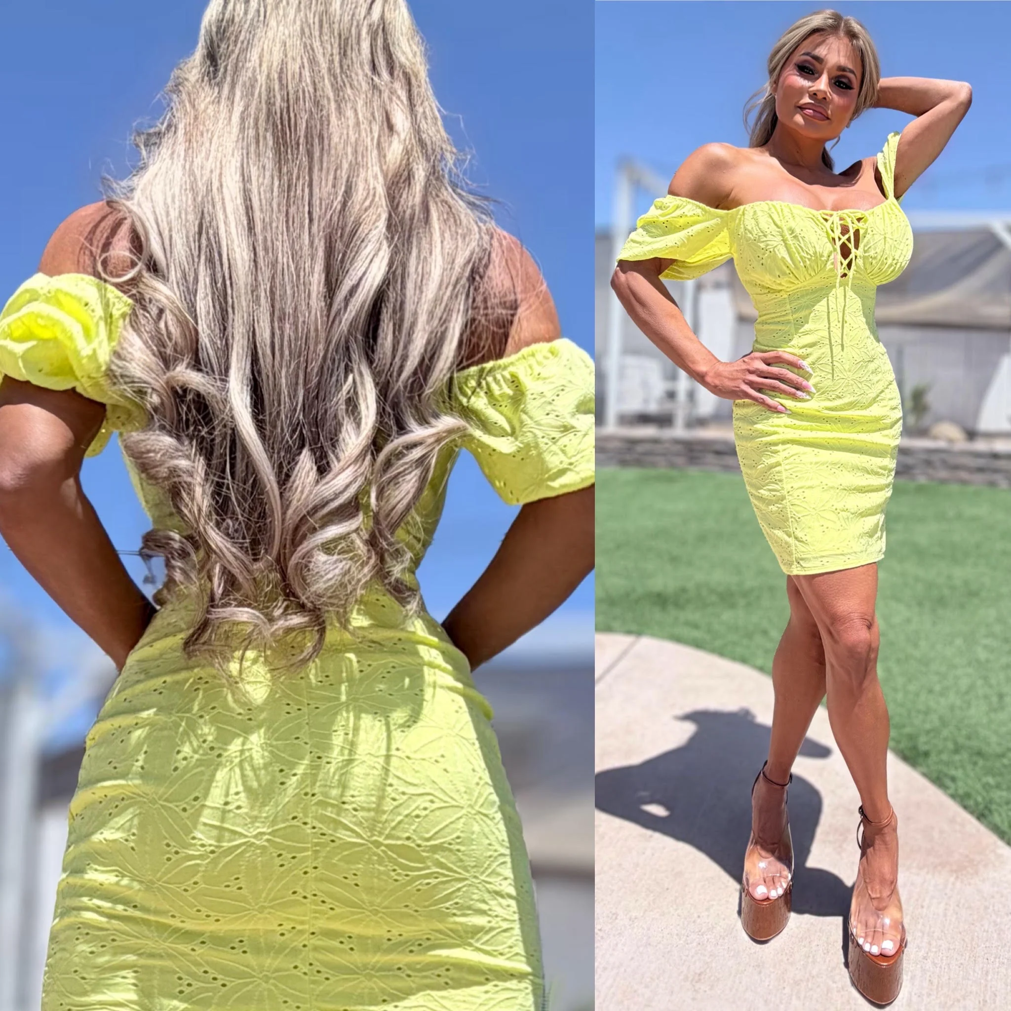 Connie's "SUNSHINE LIME YELLOW URBAN PRAIRIE GIRL MINI" OFF or ON Shoulder, Lace up Chest, STRETCH Eyelet Lace, Lined matching fabric - Image 6