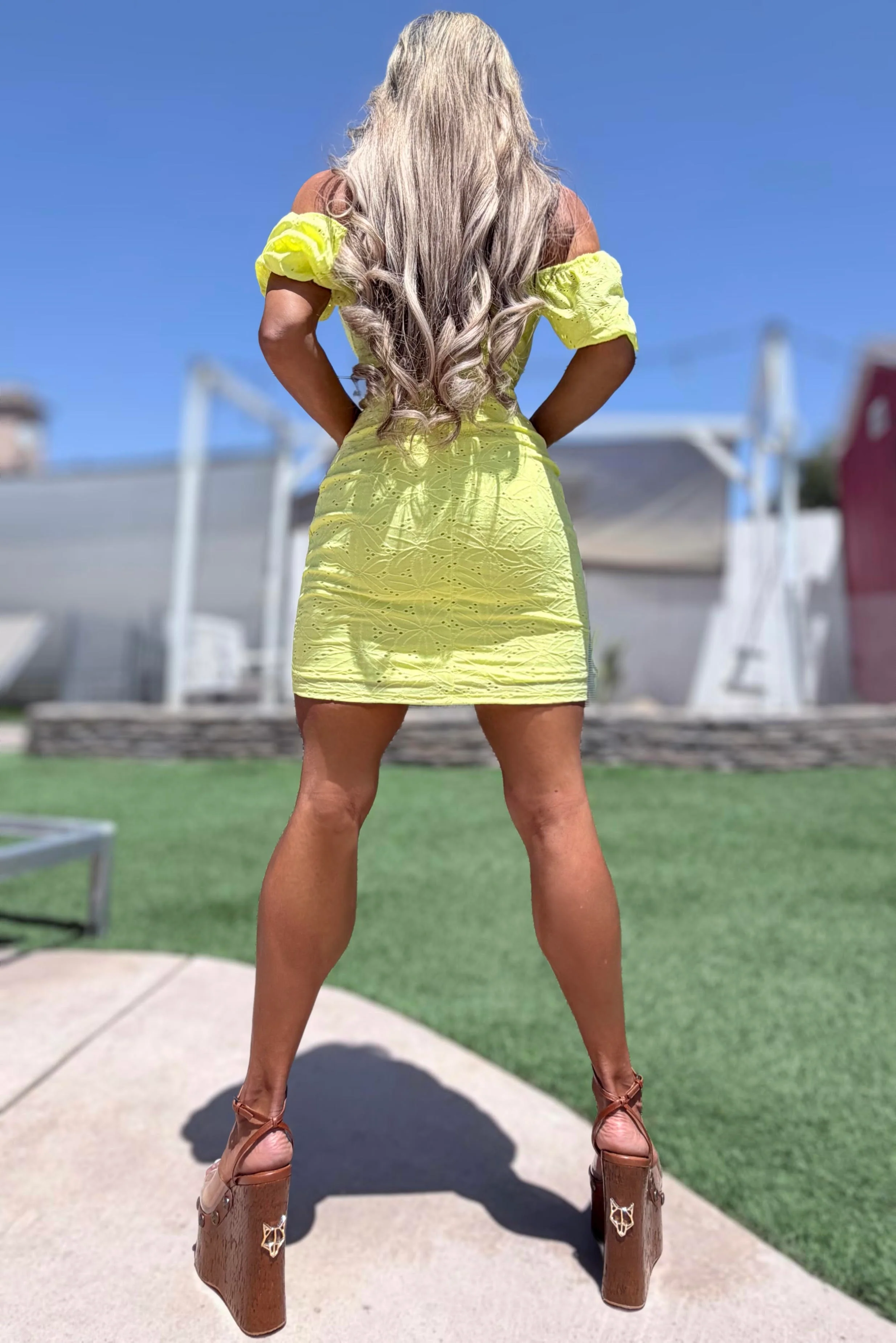 Connie's "SUNSHINE LIME YELLOW URBAN PRAIRIE GIRL MINI" OFF or ON Shoulder, Lace up Chest, STRETCH Eyelet Lace, Lined matching fabric - Image 8