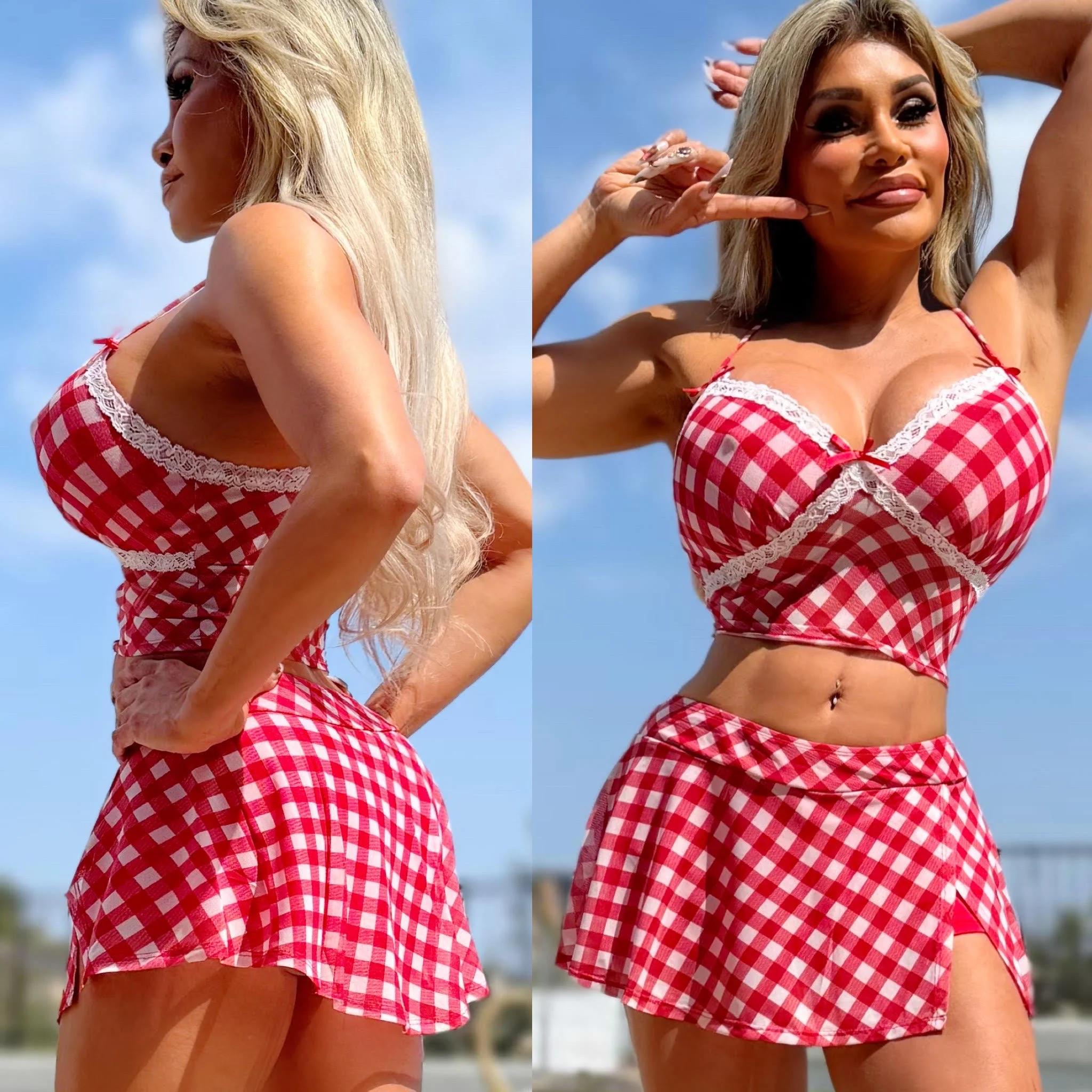 Connie's LIMITED SET!!! "FULL STRETCH RED & WHITE GINGHAM Top SET" Built in Stretch Booty Shorts, Full Stretch Fit - Image 4