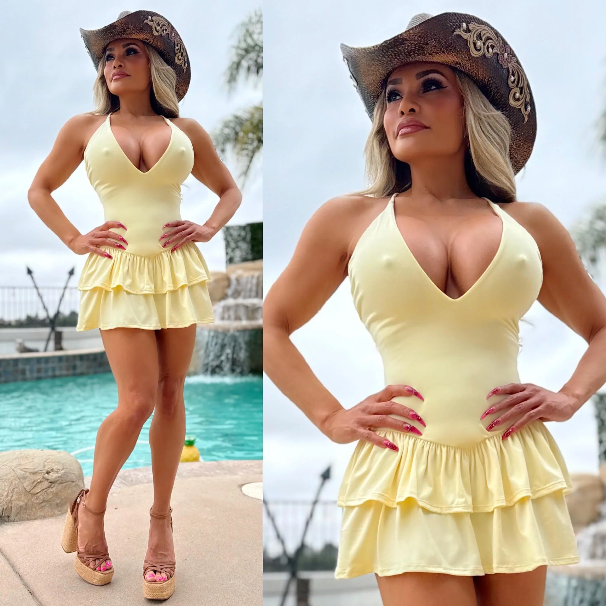 Connie's "WESTERN YELLOW SPAGHETTI STRAP Mini" CRISS CROSS BACK, Deep Plunge 2 Layer Ruffle, Made in The USA - Image 2