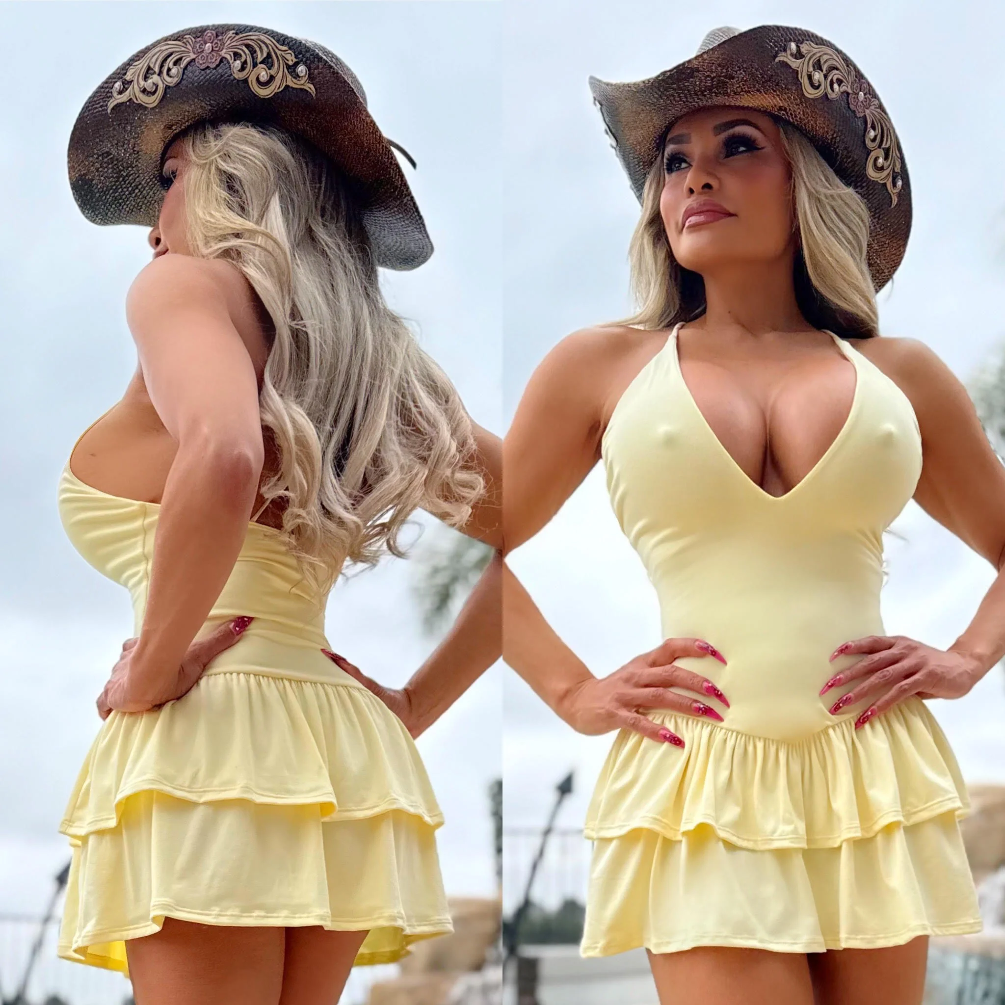 Connie's "WESTERN YELLOW SPAGHETTI STRAP Mini" CRISS CROSS BACK, Deep Plunge 2 Layer Ruffle, Made in The USA - Image 4
