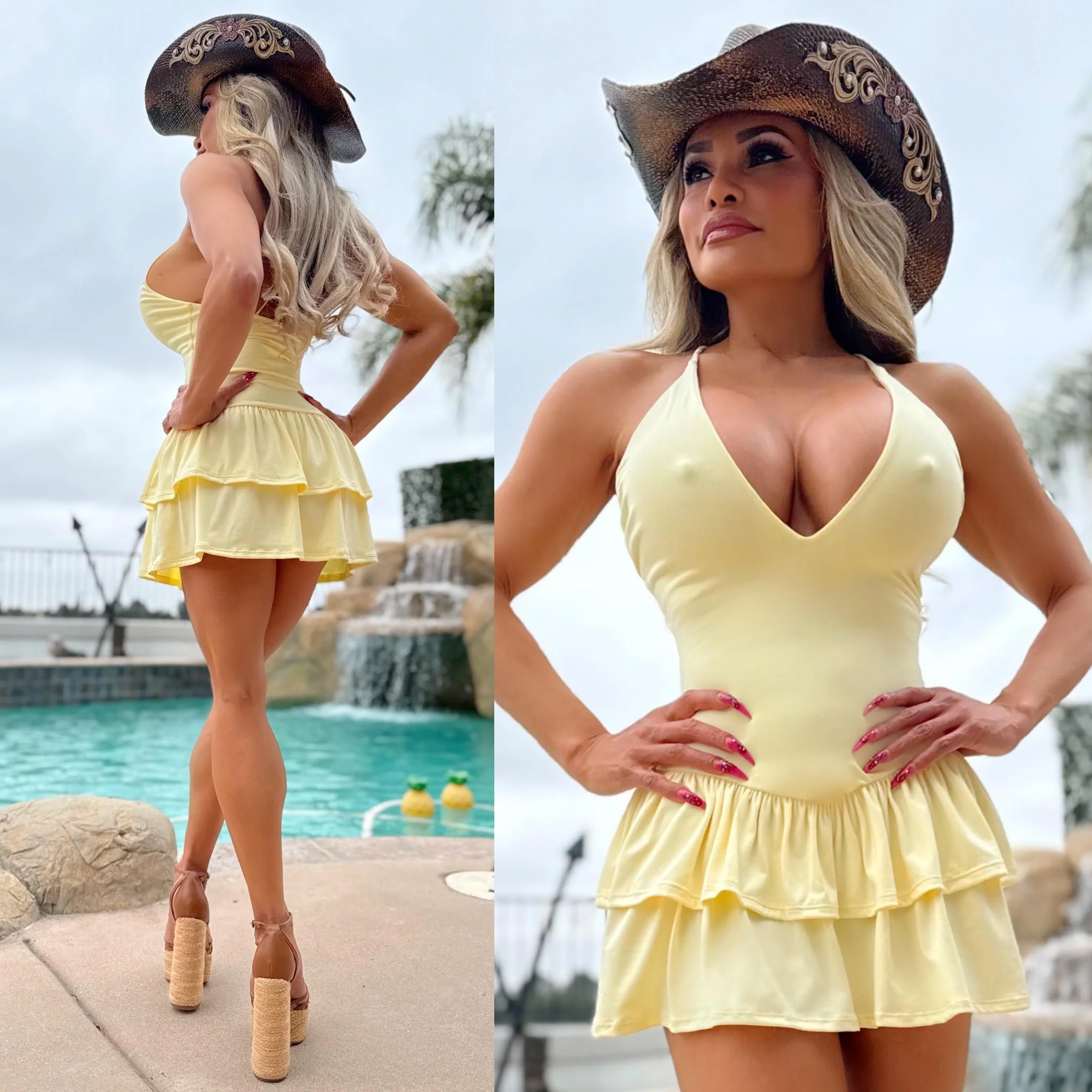 Connie's "WESTERN YELLOW SPAGHETTI STRAP Mini" CRISS CROSS BACK, Deep Plunge 2 Layer Ruffle, Made in The USA - Image 5