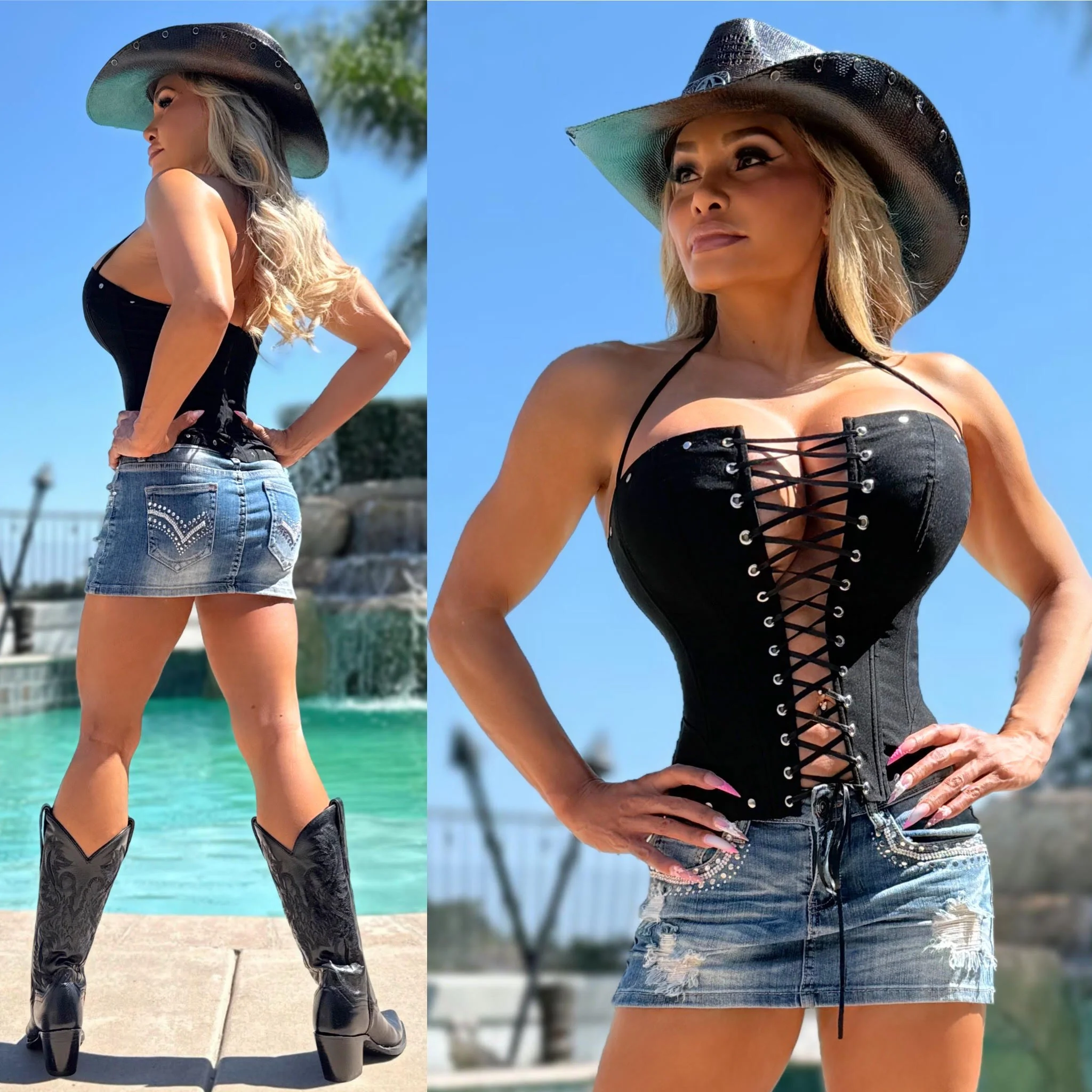 Connie's  "BLACKOUT SILVER STUDS COWGIRL CORSET TOP" STRETCH FIT, NO ZIPPER, Lace Up Front to Smash and Lift, Light Flex Boning - Image 3
