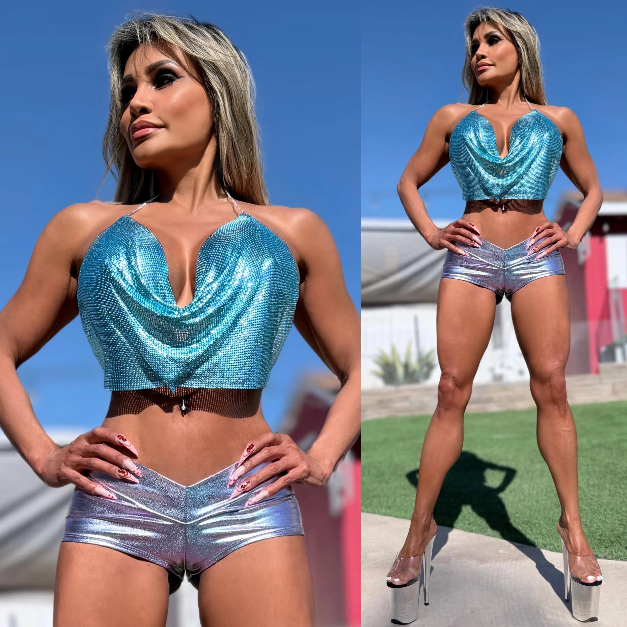 Connie's EXCLUSIVE!!! "H.A.F.  Booty Flash Shorts" Made in USA, IRIDESCENT BLUE LUST Rubberized Stretch Fit - Image 4
