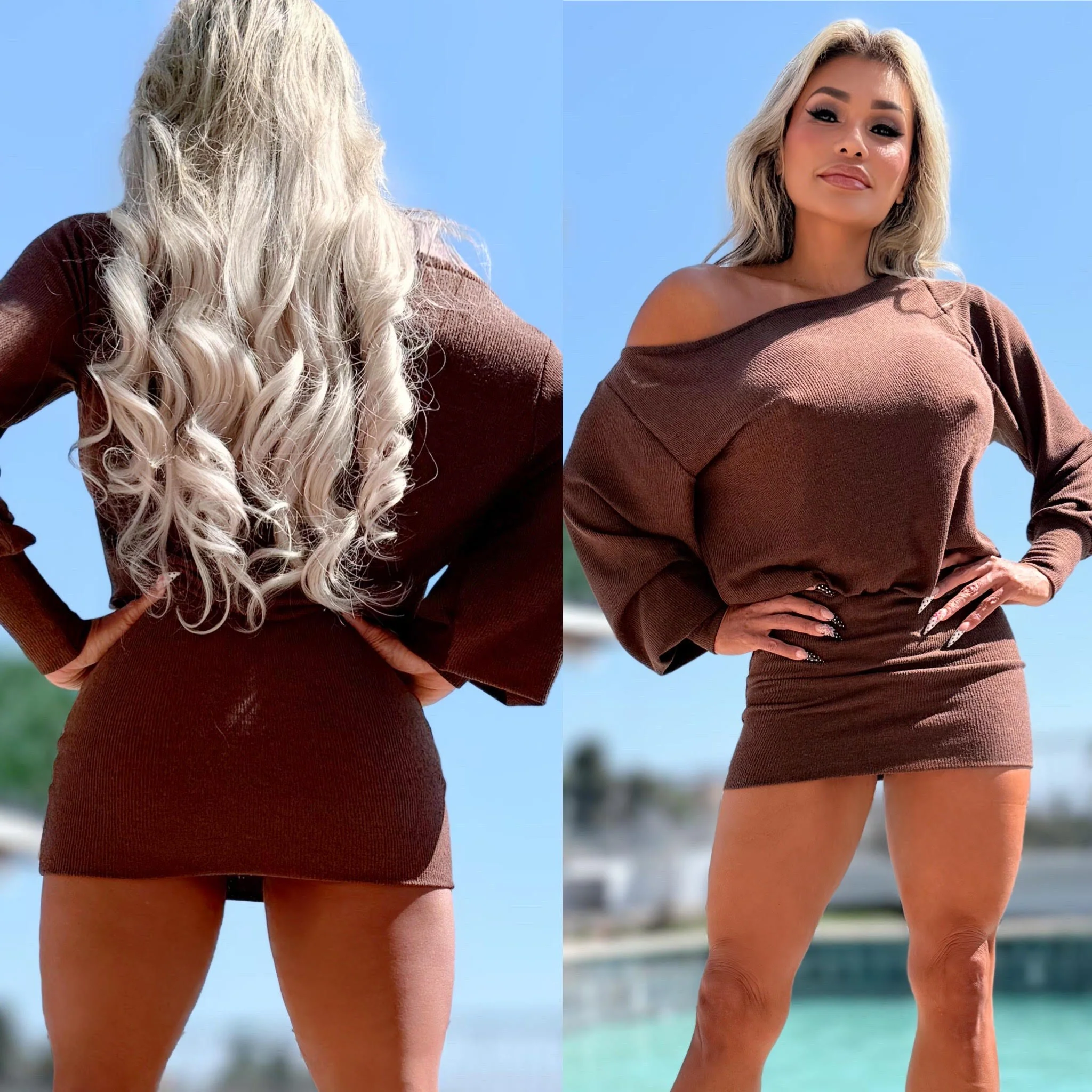 Connie's "CHOCOLATE 🍫 MINI" TIGHT FIT LOWER, One Shoulder Slouch Upper, Full Stretch Light Knit, Adjustable Hem Length Made in USA 🍸 - Image 5