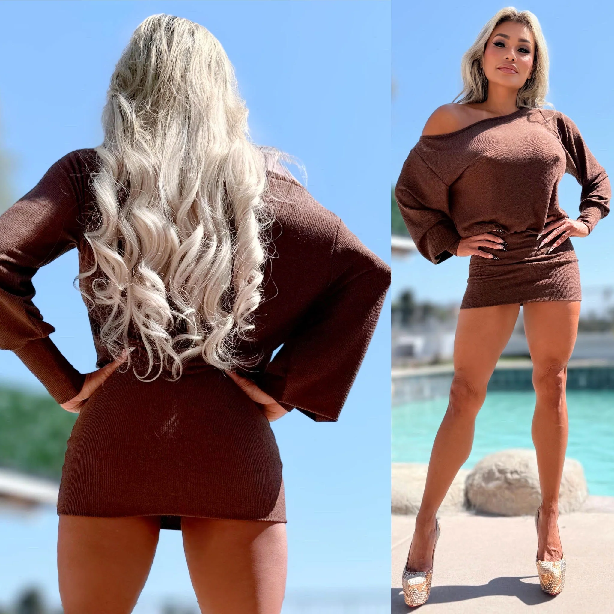 Connie's "CHOCOLATE 🍫 MINI" TIGHT FIT LOWER, One Shoulder Slouch Upper, Full Stretch Light Knit, Adjustable Hem Length Made in USA 🍸 - Image 6