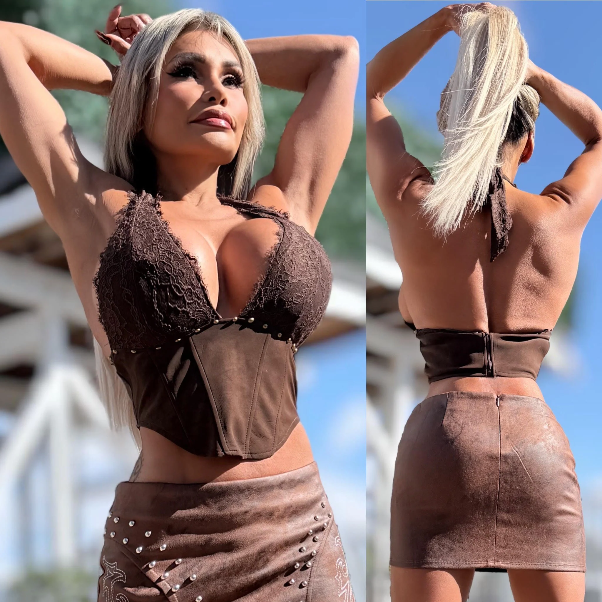 Connie's  BROWN SUEDE "RICH COWGIRL STUDDED LACE HALTER TOP" X SUEDE ADJUSTABLE Neck Tie, 🍸🤠🍸 - Image 3