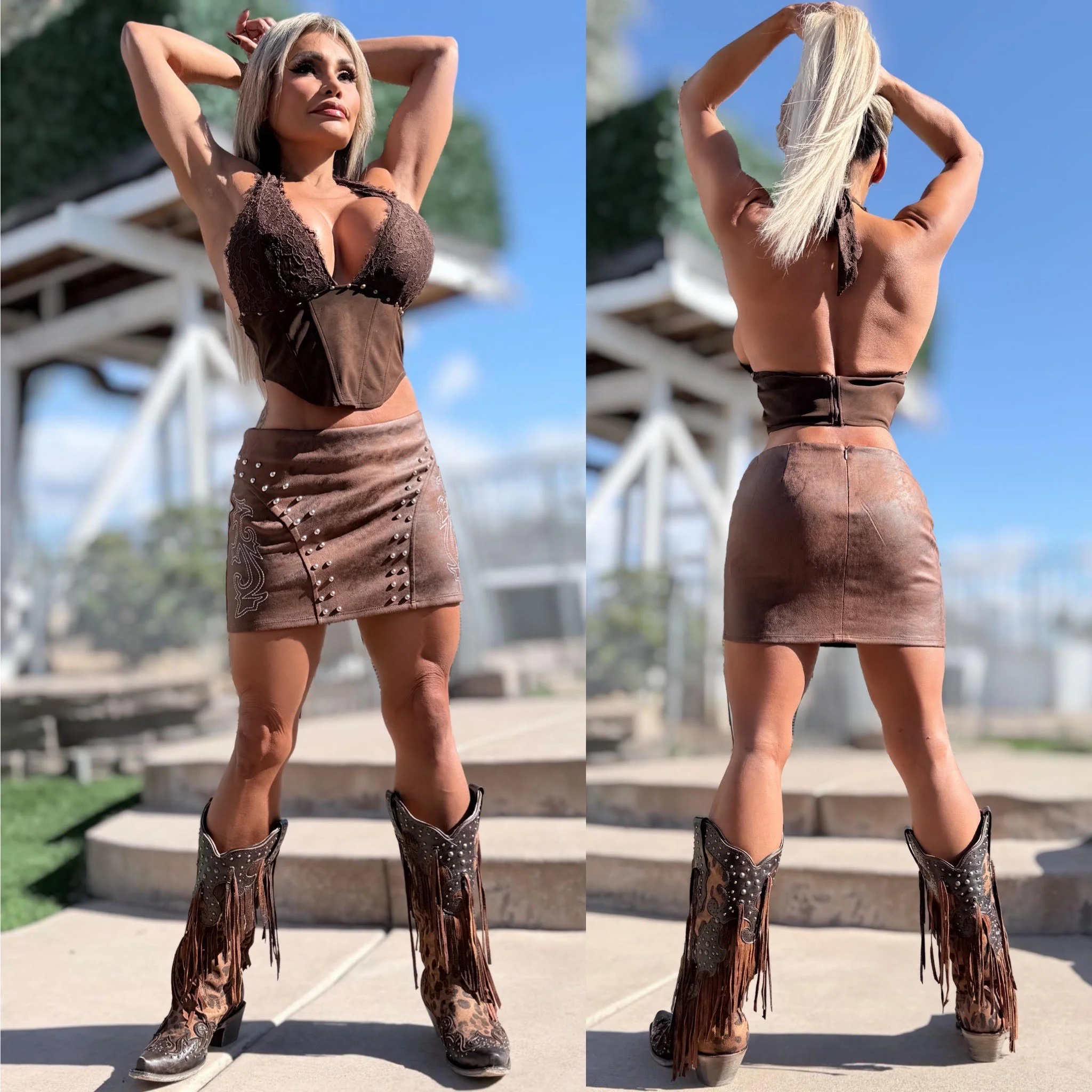 Connie's  BROWN SUEDE "RICH COWGIRL STUDDED LACE HALTER TOP" X SUEDE ADJUSTABLE Neck Tie, 🍸🤠🍸 - Image 4