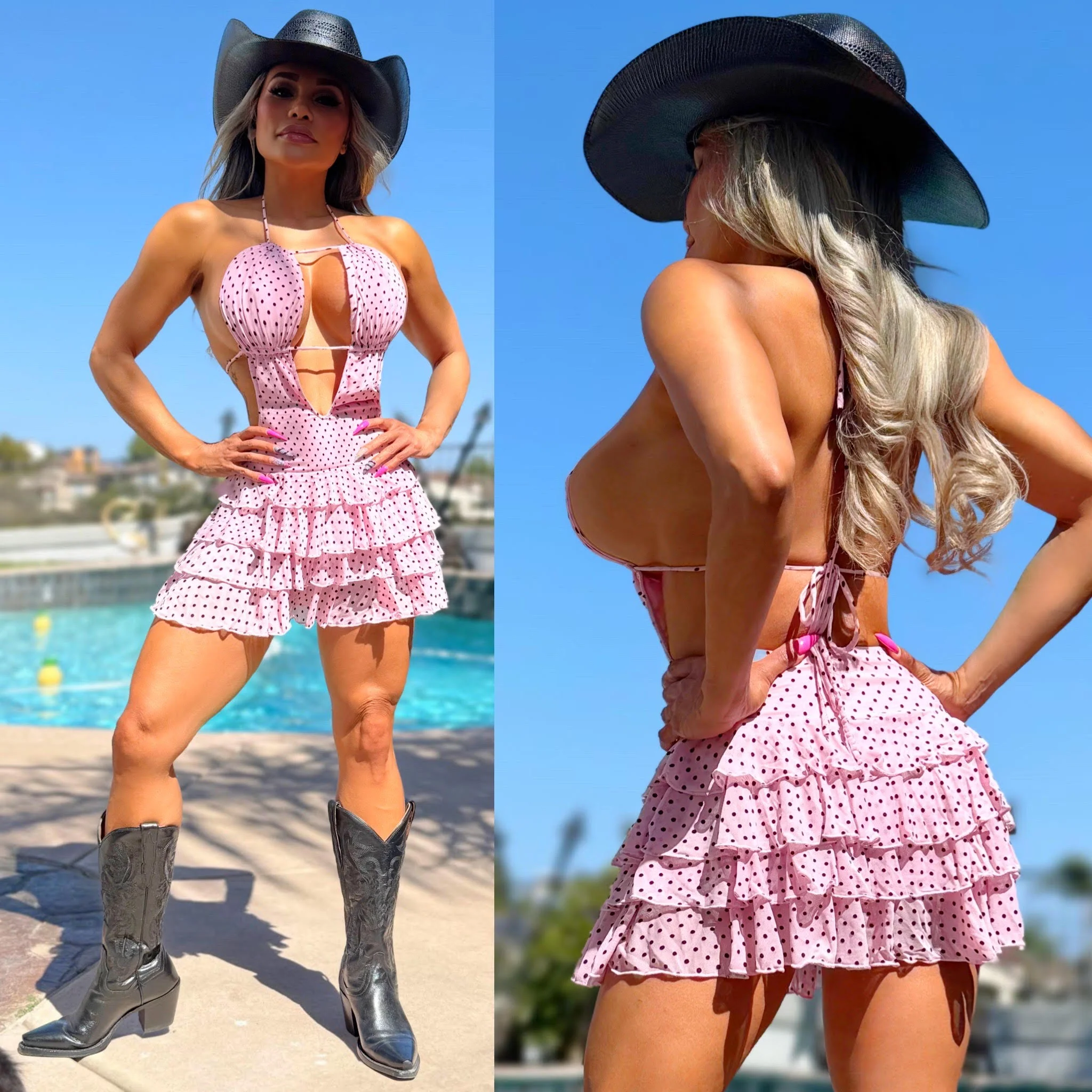 FINAL SALE Connie's "PINK POLKA DOT PRAIRIE VIXEN MINI" Built in Micro Booty Shorts, Adjustable Open Chest, Stretch Fabric and Cute Ruffles 🍸 - Image 3
