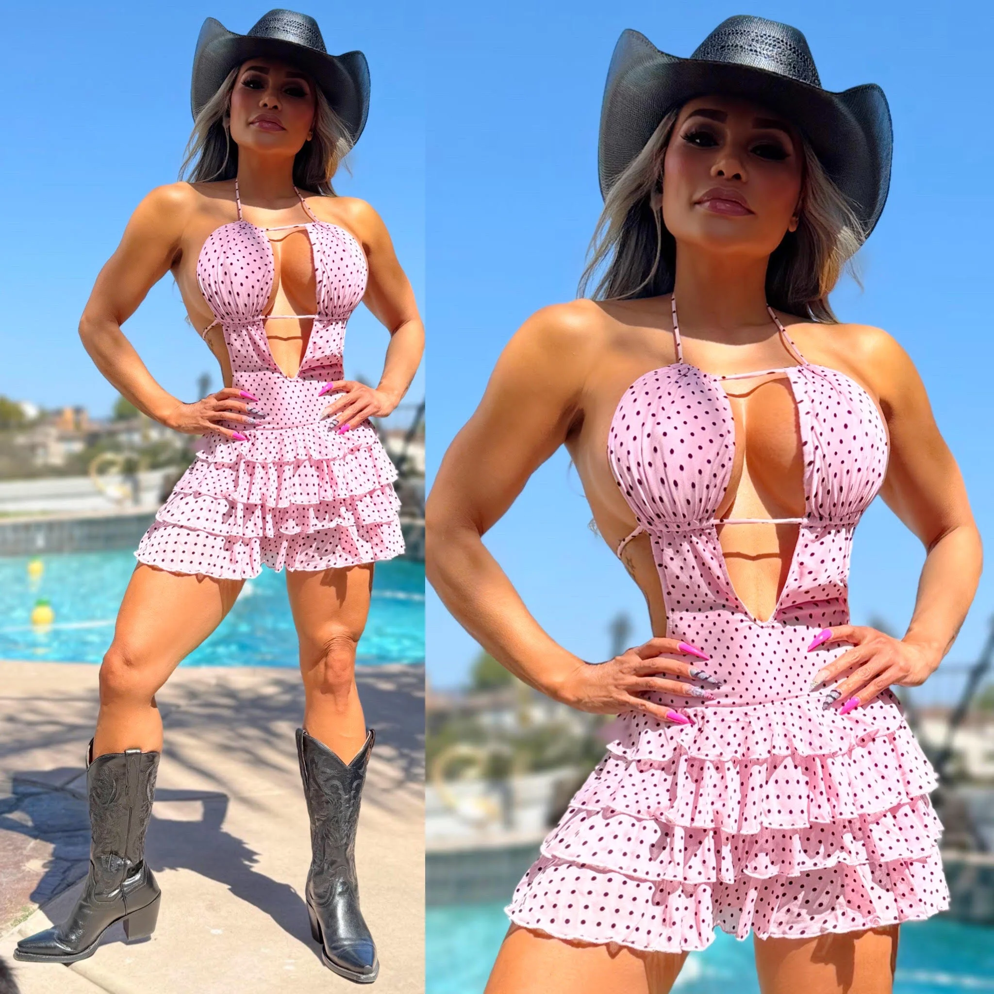 FINAL SALE Connie's "PINK POLKA DOT PRAIRIE VIXEN MINI" Built in Micro Booty Shorts, Adjustable Open Chest, Stretch Fabric and Cute Ruffles 🍸 - Image 5