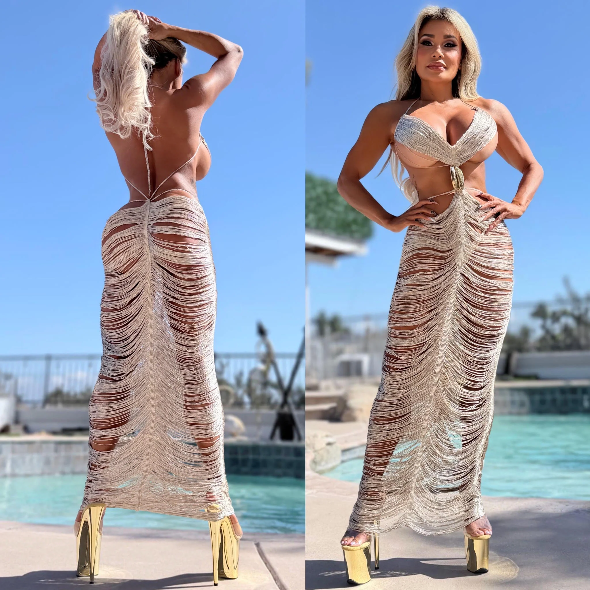 Connie's LIMITED EXCLUSIVE "GOLD CHAMPAGNE 🍾🥂 STRING MAXI" RICH METAL CHEST Accent, NOT LINED, The Chest area is Nice and Thick - Image 5