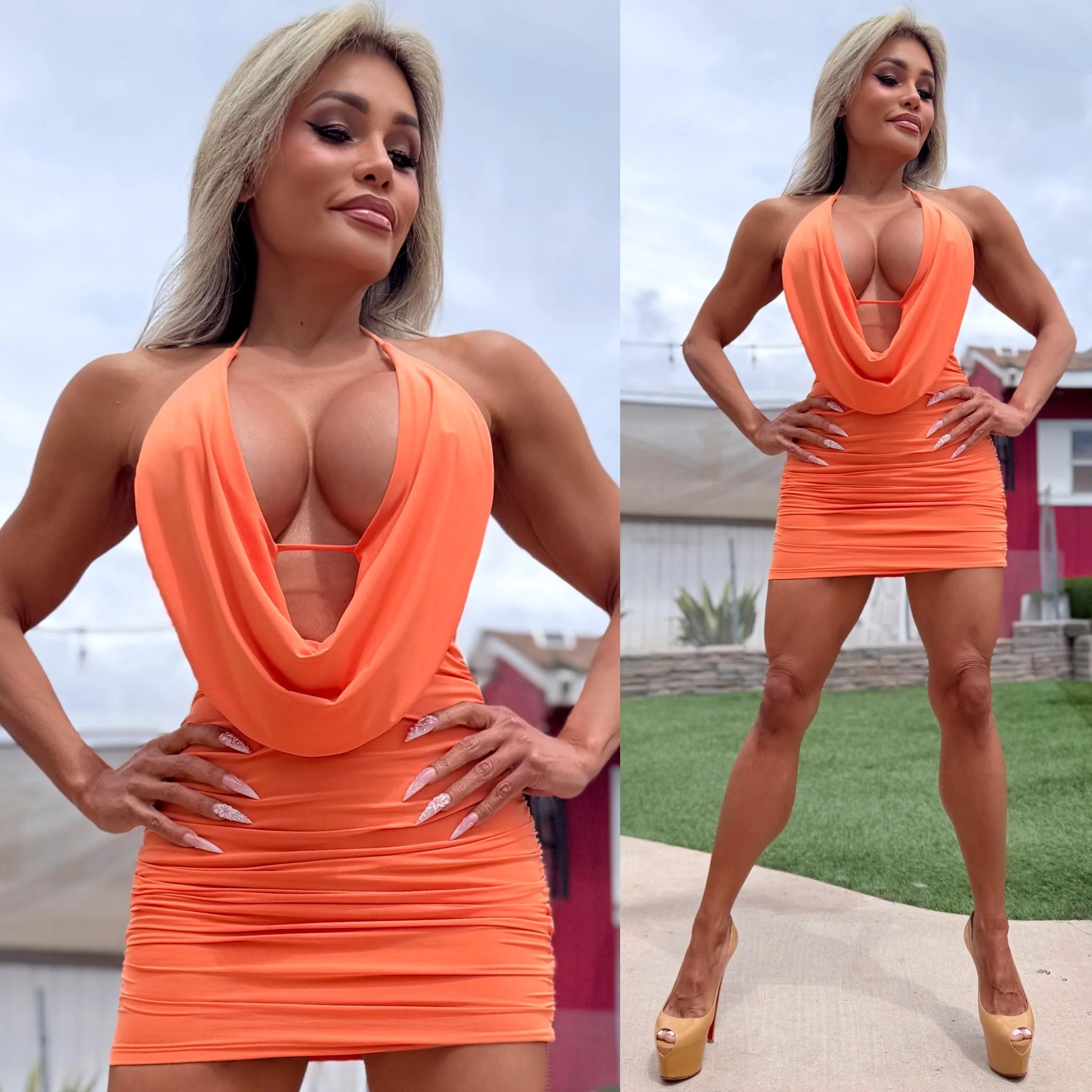 Connie's  "DEEP COWL PLUNGE ORANGE 🍸 MARTINI Mini"  Hidden Support, Adjustable Length Halter, RUCHED, Double Fabric  Made in the USA - Image 5