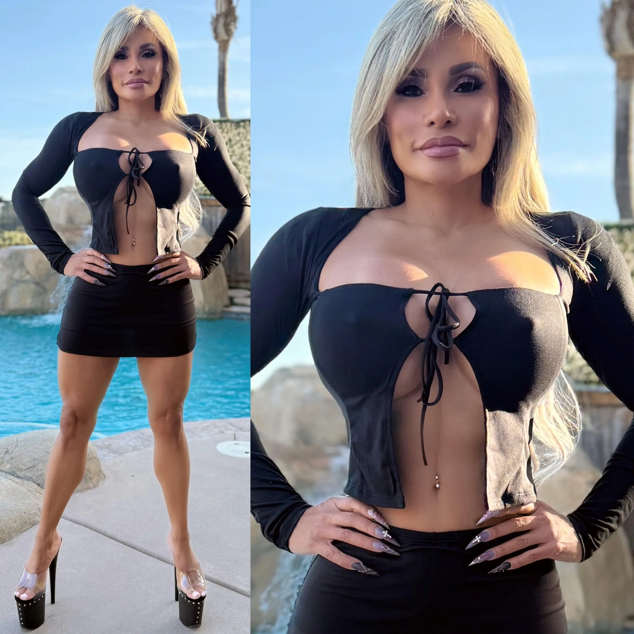 Connie's Made in USA "Club Girl Tie Front PEEP CHEST TOP" Black Stretch Double fabric Support, For use without a bra ... Made in the USA - Image 2