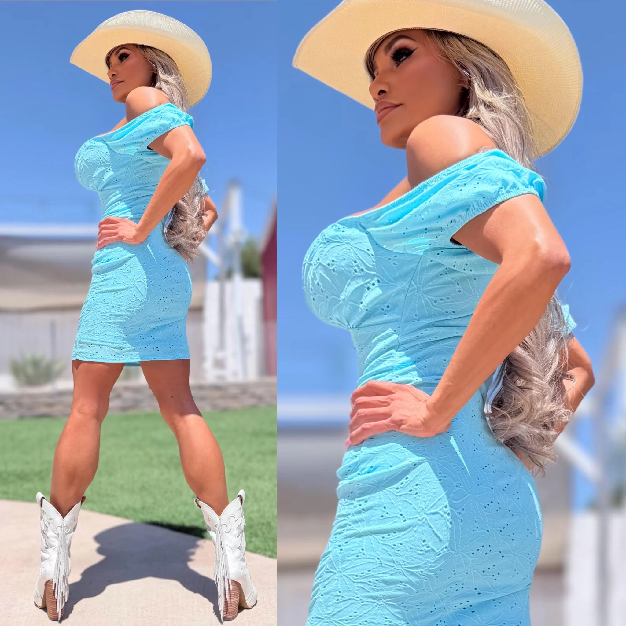 Connie's "AQUA BLUE URBAN PRAIRIE GIRL MINI" OFF or ON Shoulder, Lace up Chest, STRETCH Eyelet Lace, Lined matching fabric - Image 4