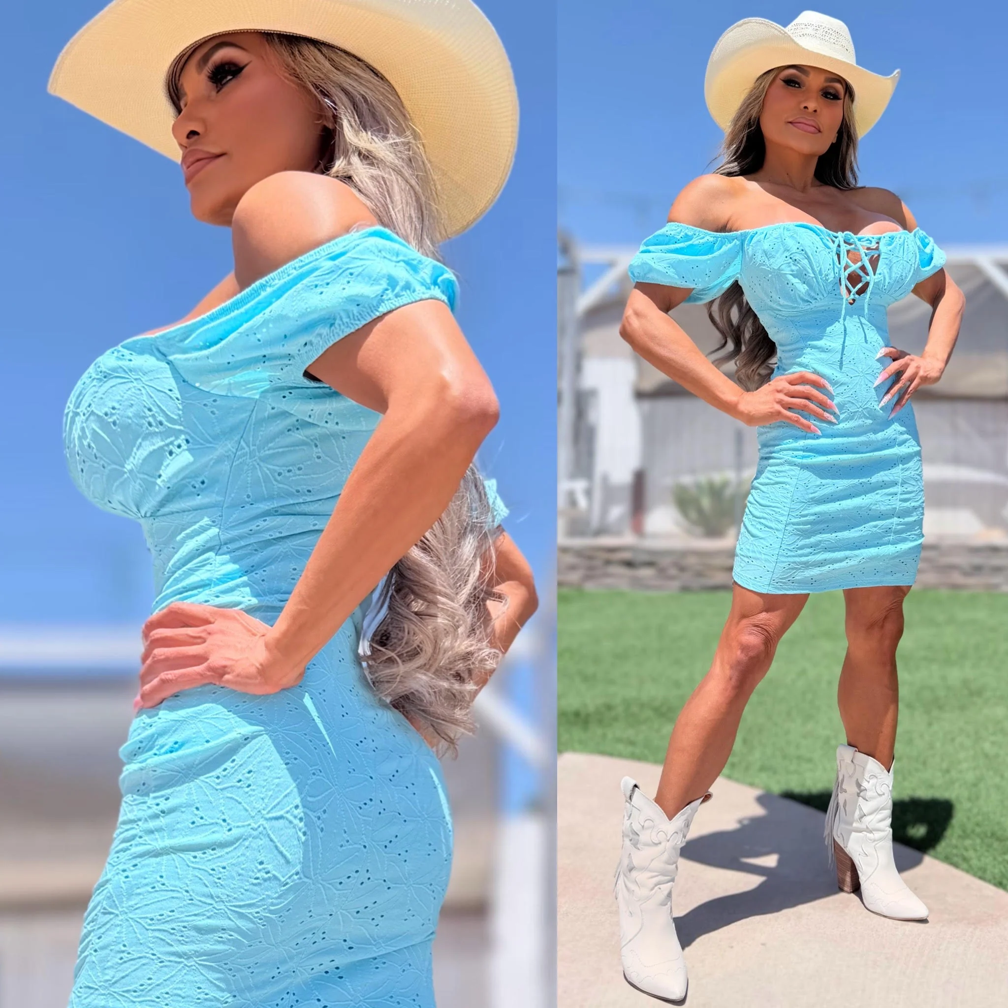 Connie's "AQUA BLUE URBAN PRAIRIE GIRL MINI" OFF or ON Shoulder, Lace up Chest, STRETCH Eyelet Lace, Lined matching fabric - Image 5