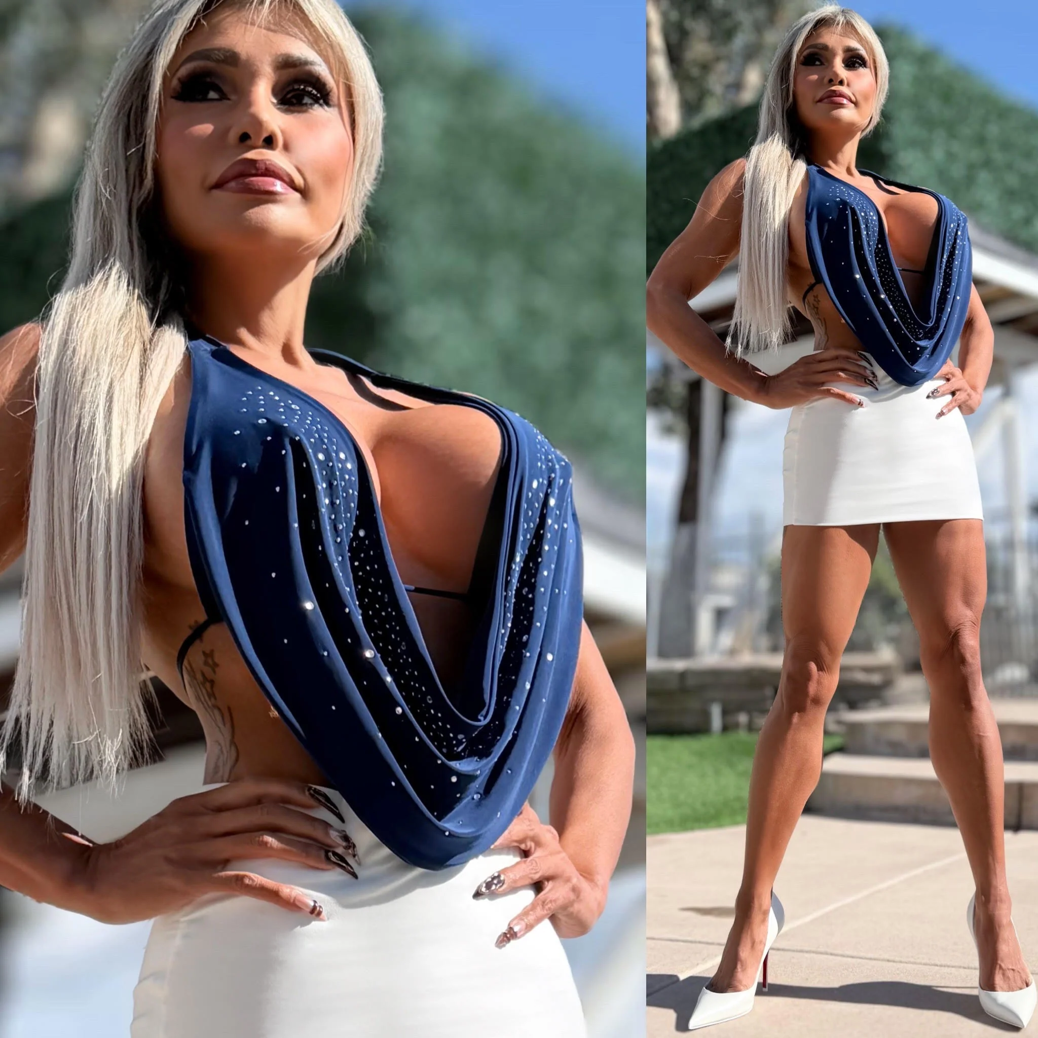 Connie's EXCLUSIVE 💎SPARKLY RHINESTONE💎 TOP "NAVY BLUE DEEP Plunge Halter Top" Sparkly Rhinestones 💎, Built in Triangle Top Support .. Made in the USA - Image 2