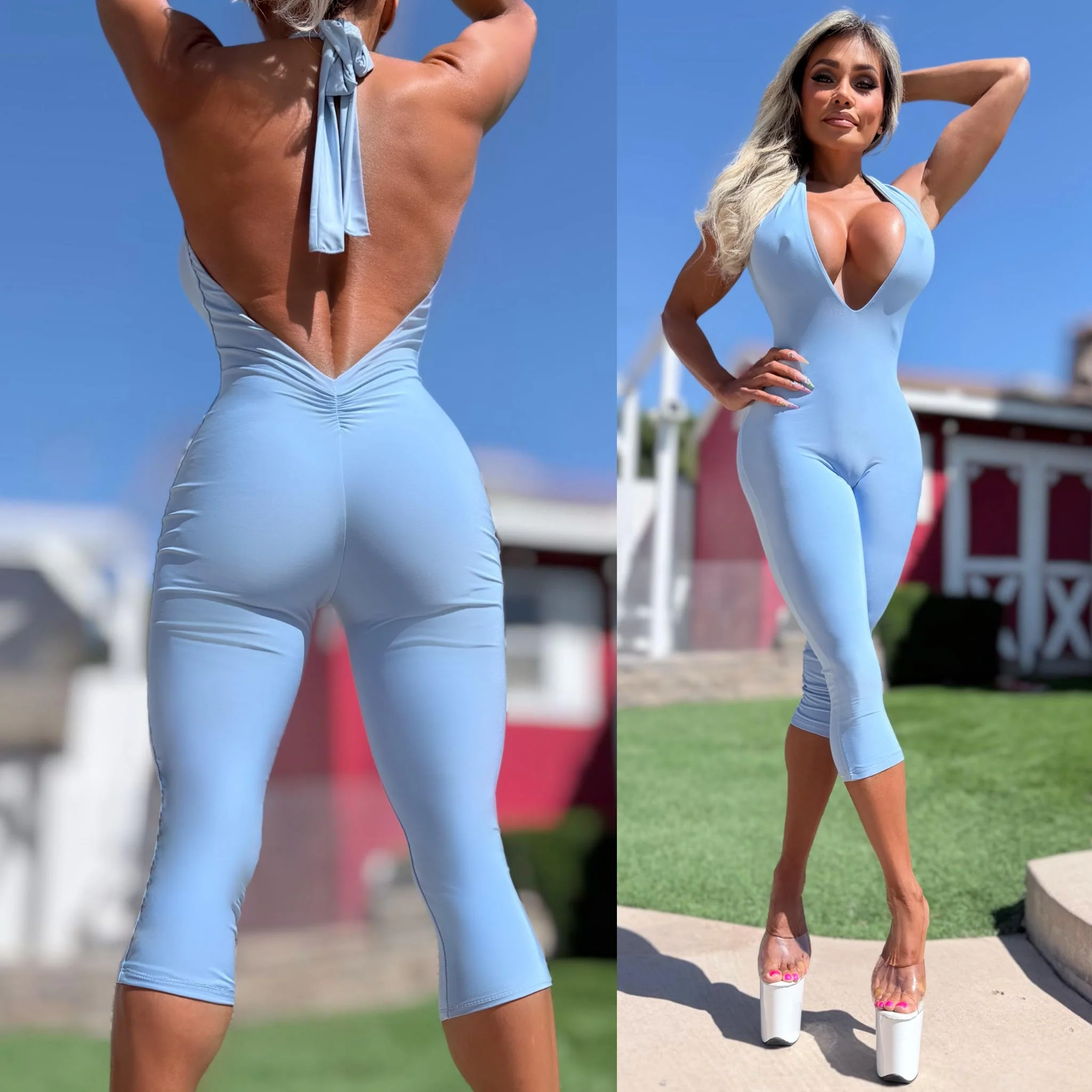 Connie's EXCLUSIVE "EXTREME PLUNGE SKY BLUE CLUB 🍸 CAPRI Jumpsuit" Sheen Fabric, Adjustable Backless Halter, Made in USA - Image 6