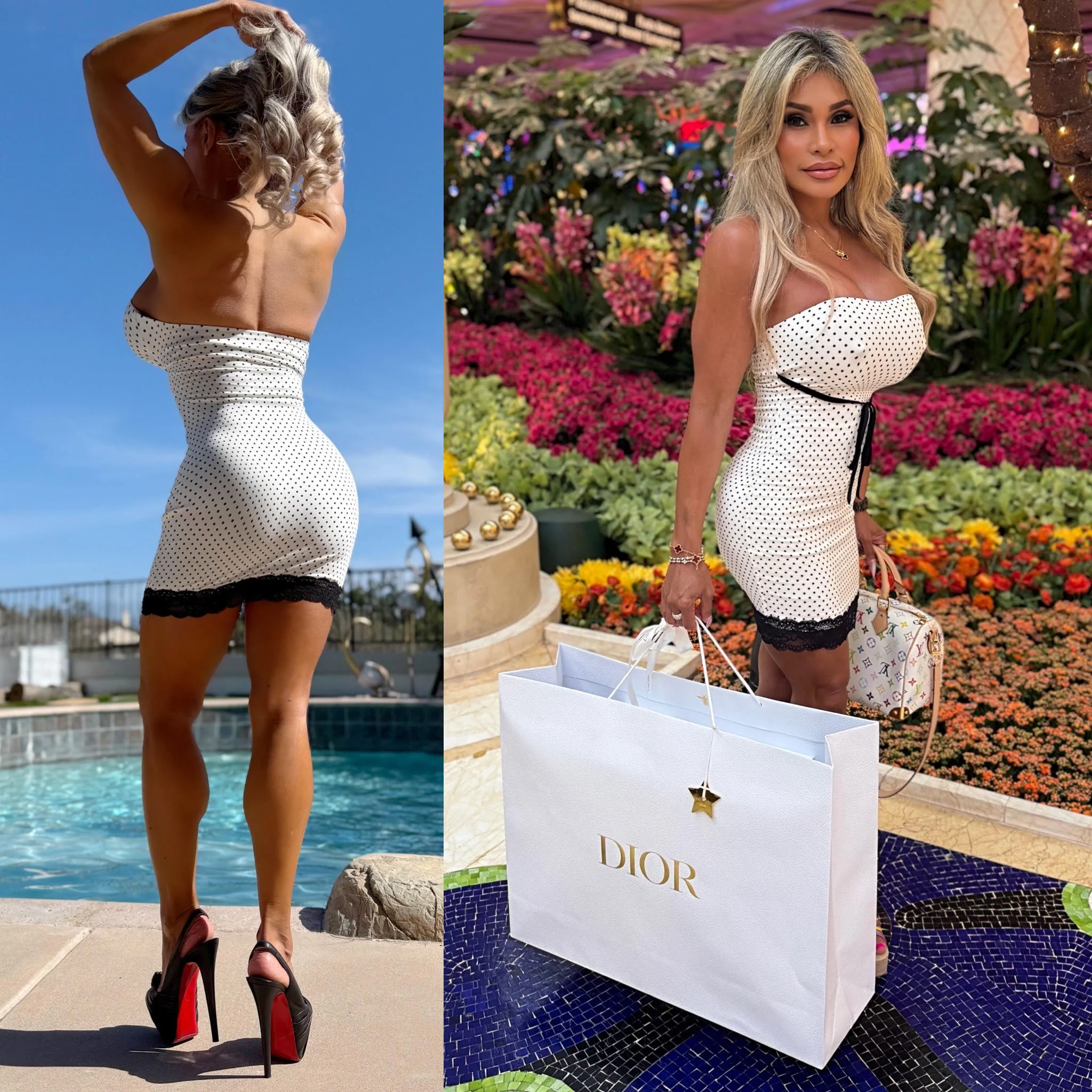 Connie's Exclusive "CUTE VIXEN 😈 WHITE POLKA DOT MINI" STRETCH Fit, With Black Lace trim Lace Mini, No Zippers, Made in USA - Image 2
