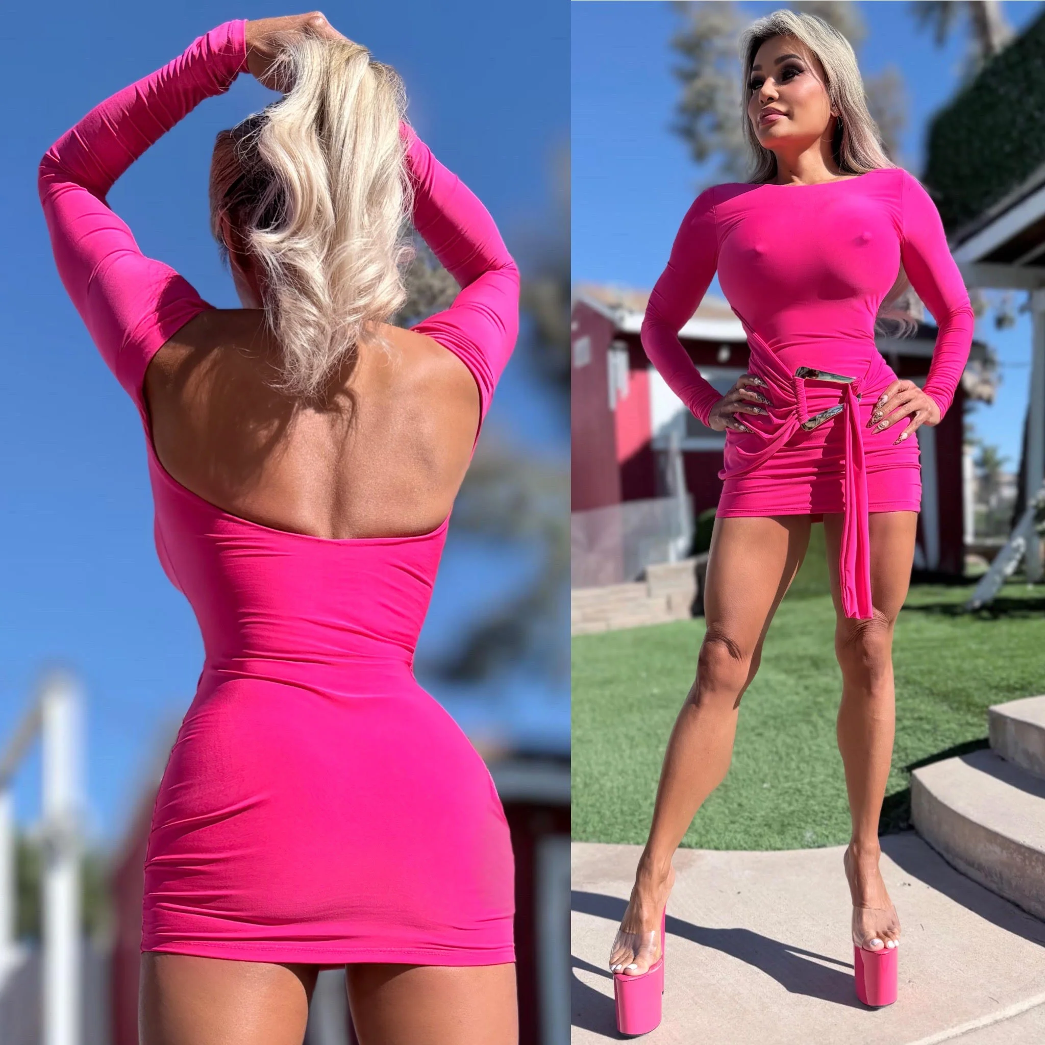 Connie's *EXCLUSIVE* "DARK PINK FAUX WRAP MINI" SUPER SHORT and TIGHT FIT, GOLD ACCENT, Made in USA - Image 2