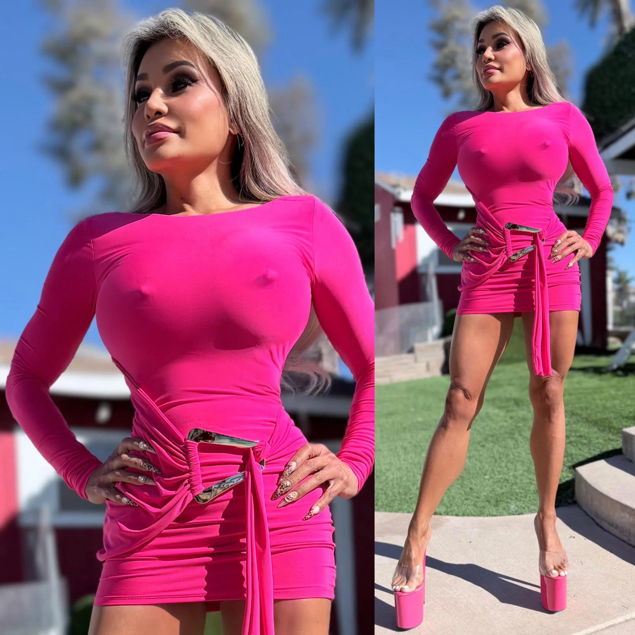 Connie's *EXCLUSIVE* "DARK PINK FAUX WRAP MINI" SUPER SHORT and TIGHT FIT, GOLD ACCENT, Made in USA - Image 4
