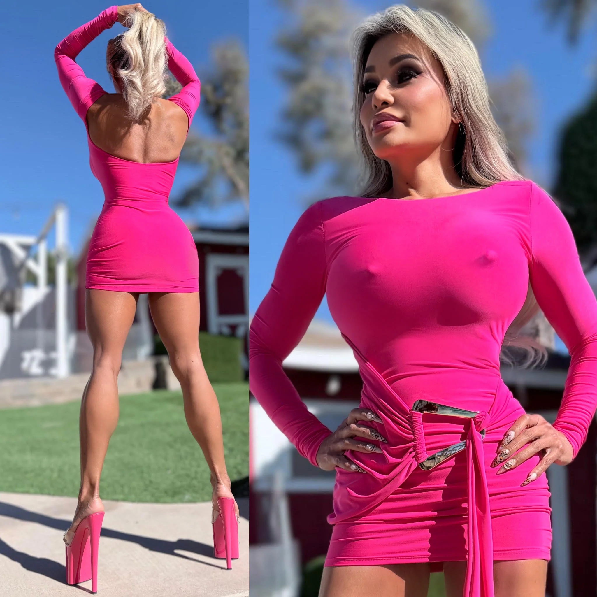 Connie's *EXCLUSIVE* "DARK PINK FAUX WRAP MINI" SUPER SHORT and TIGHT FIT, GOLD ACCENT, Made in USA - Image 6