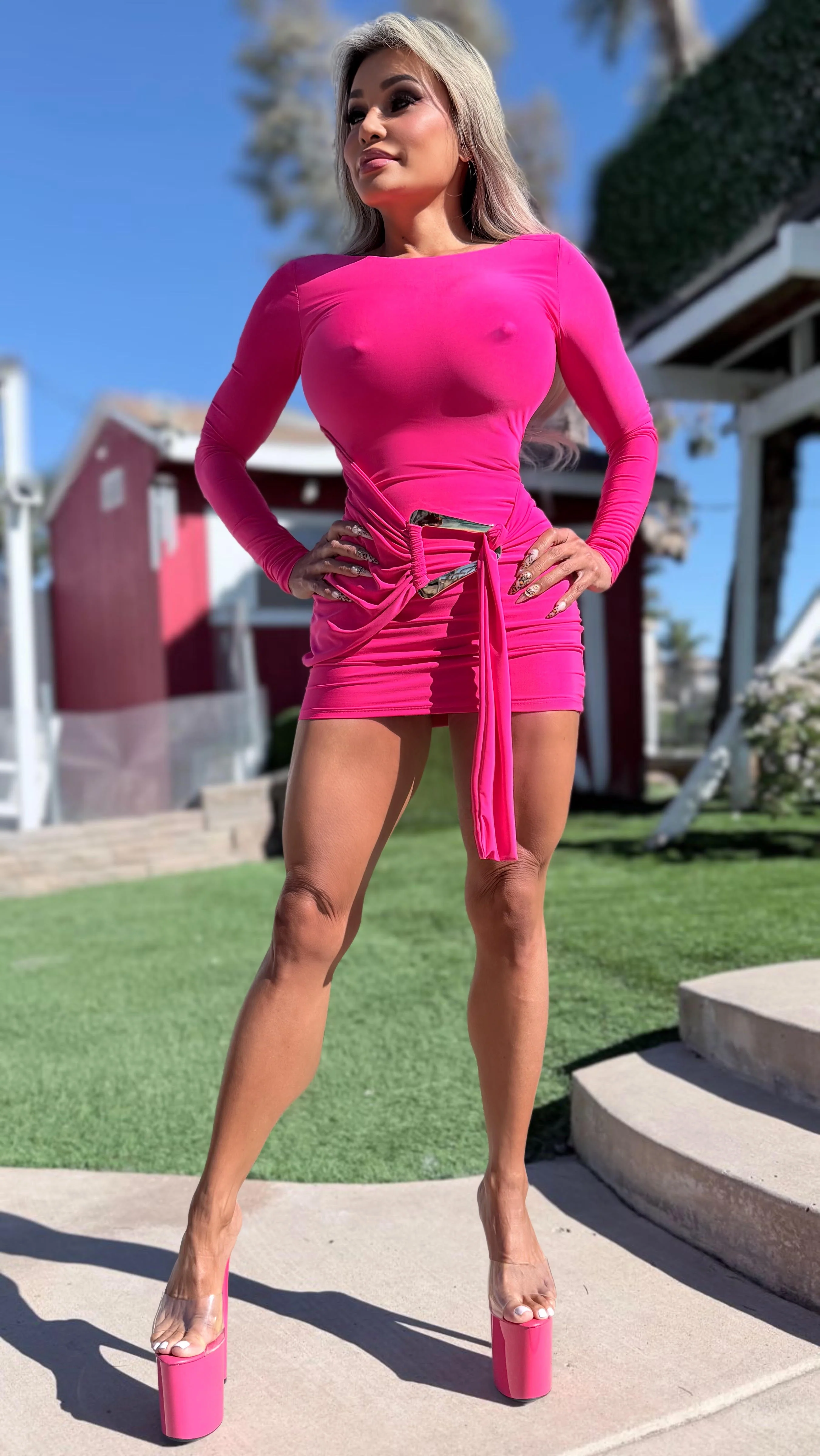 Connie's *EXCLUSIVE* "DARK PINK FAUX WRAP MINI" SUPER SHORT and TIGHT FIT, GOLD ACCENT, Made in USA - Image 7