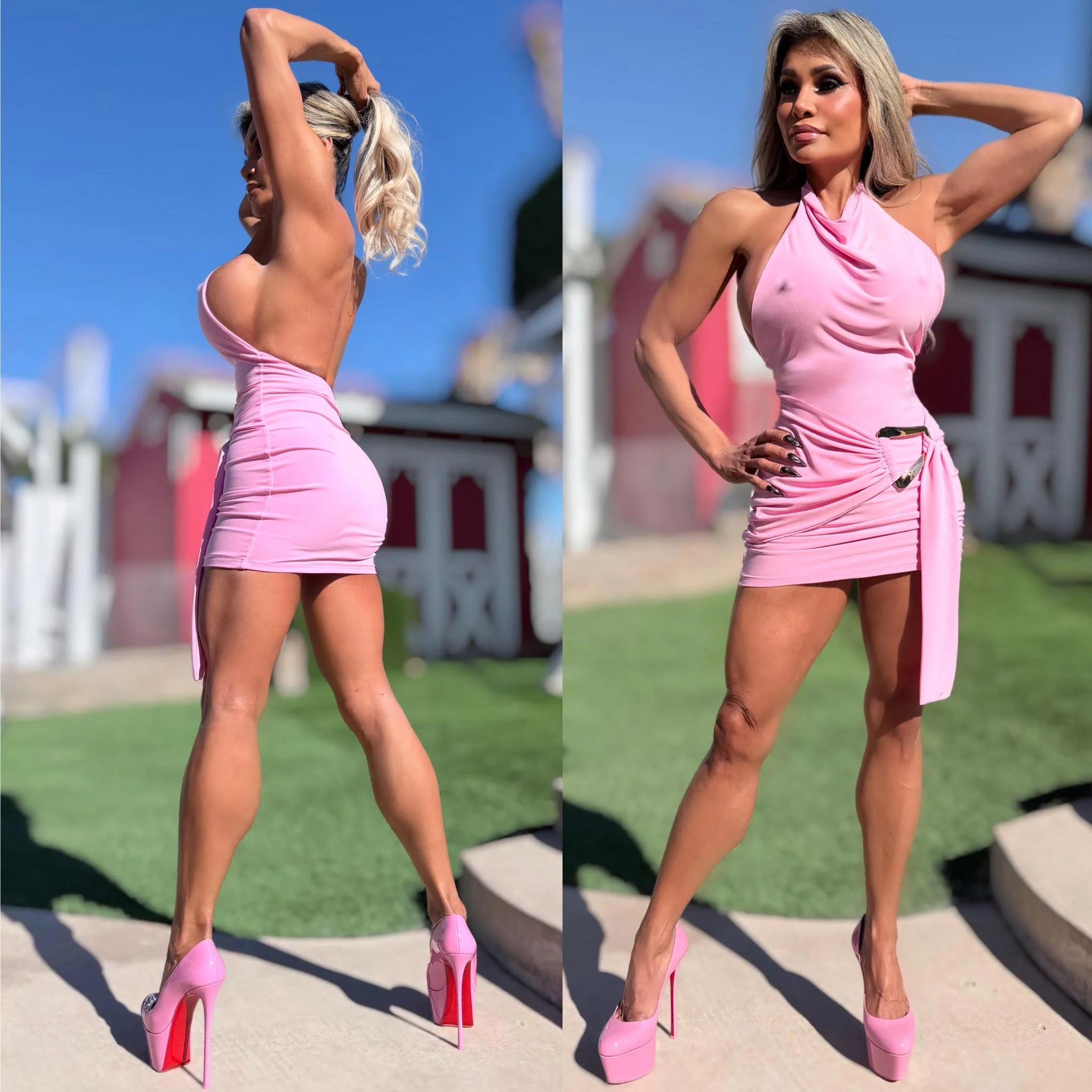Connie's *EXCLUSIVE* "EXTRA SIDE CLEAVAGE PINK SASH MINI" "EXTRA SHORT, Gold accent, Made in the USA - Image 2