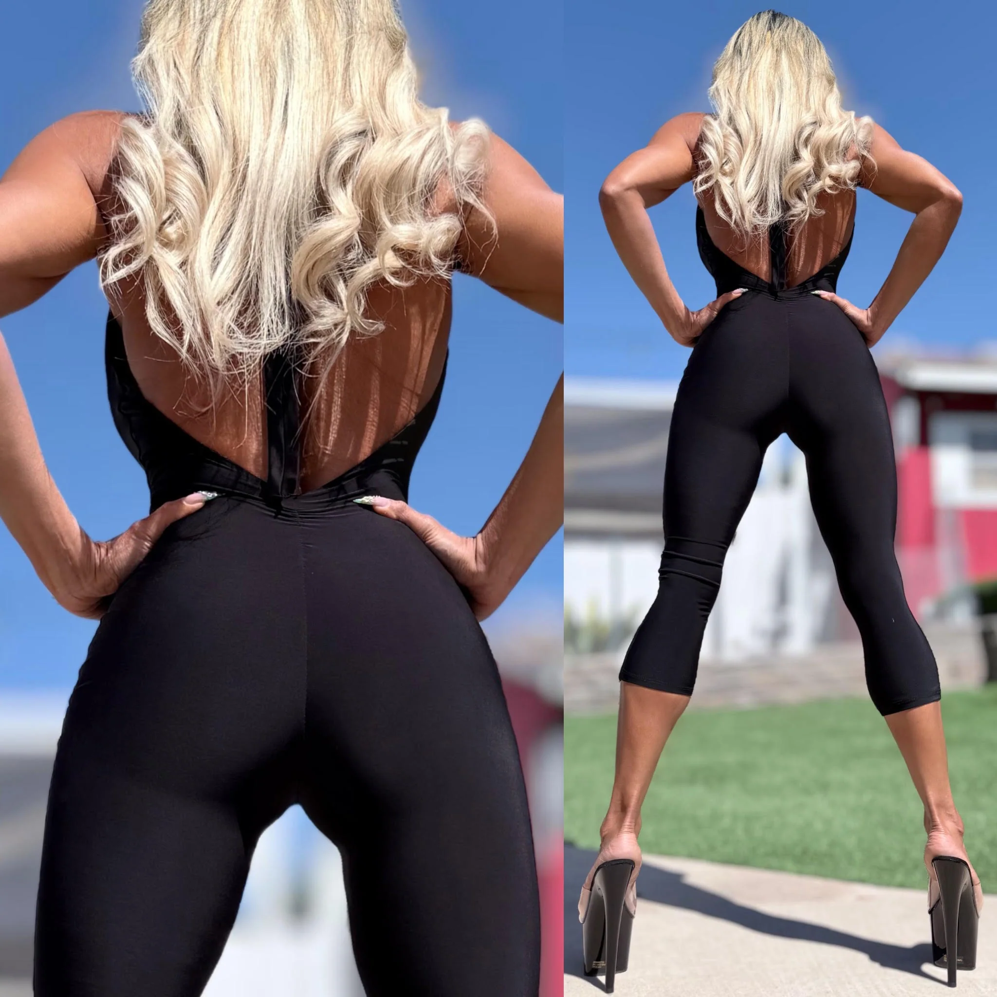Connie's EXCLUSIVE "EXTREME PLUNGE BLACK SHEEN CLUB 🍸 CAPRI Jumpsuit" Sheen Fabric, Adjustable Backless Halter, Made in USA - Image 3