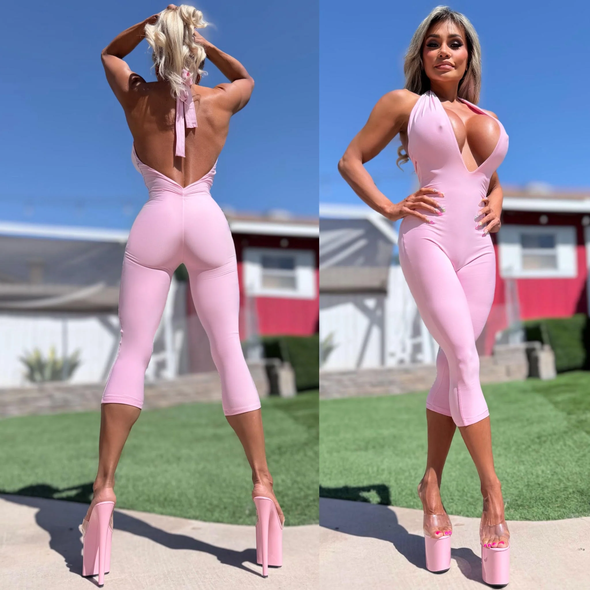 Connie's EXCLUSIVE "EXTREME PLUNGE PINK SHEEN CLUB 🍸 CAPRI Jumpsuit" Sheen Fabric, Adjustable Backless Halter, Made in USA - Image 5