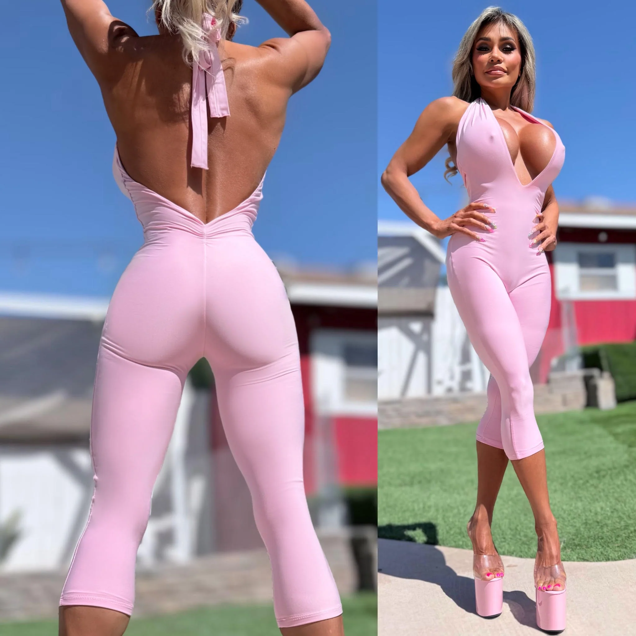 Connie's EXCLUSIVE "EXTREME PLUNGE PINK SHEEN CLUB 🍸 CAPRI Jumpsuit" Sheen Fabric, Adjustable Backless Halter, Made in USA - Image 6