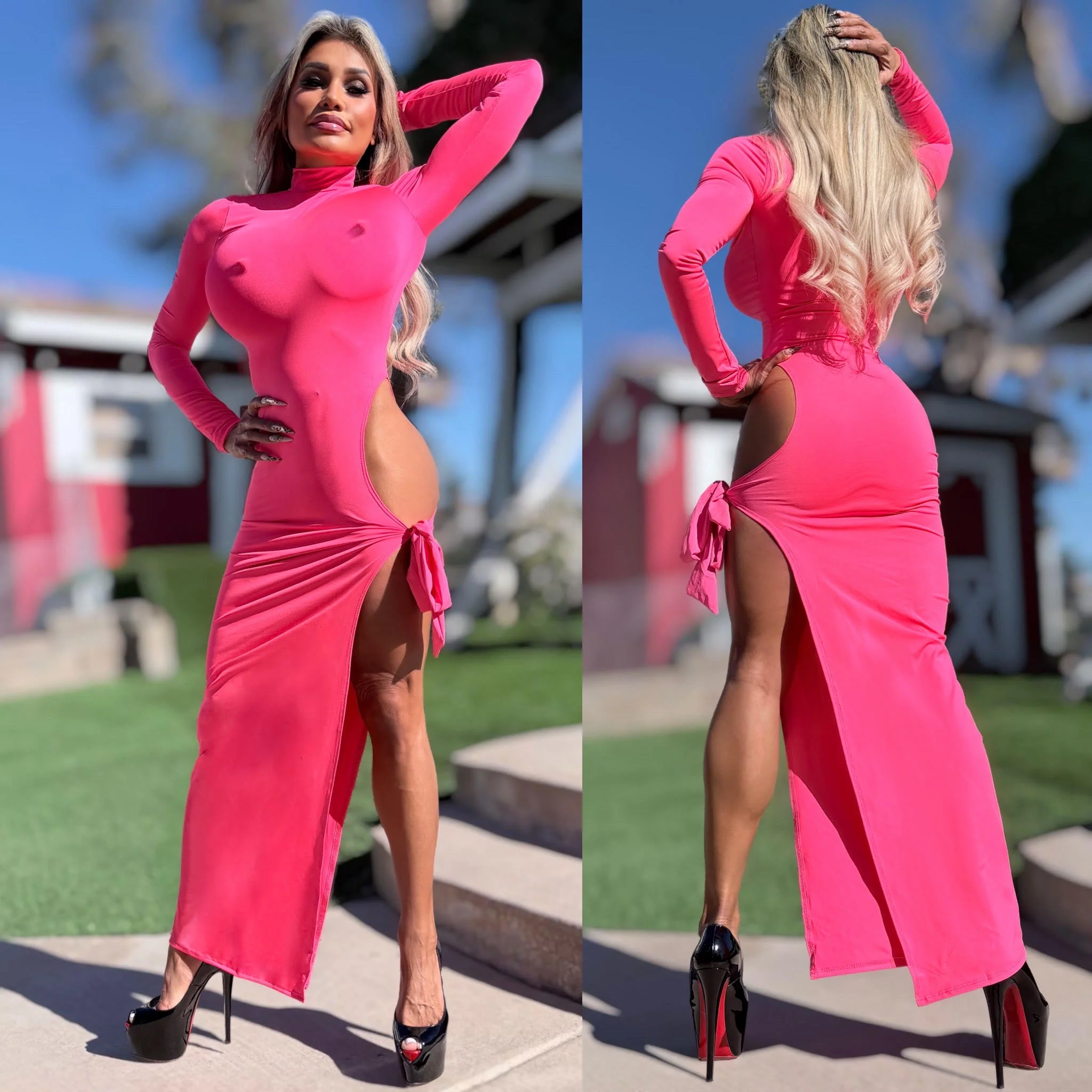 Connie's EXCLUSIVE!!! "PINK Ferrari EVENING Mock Neck MAXI 🍸🍸🍸" High Hip Cut, Thigh Tie, Full stretch Fit, No Zippers - Image 2