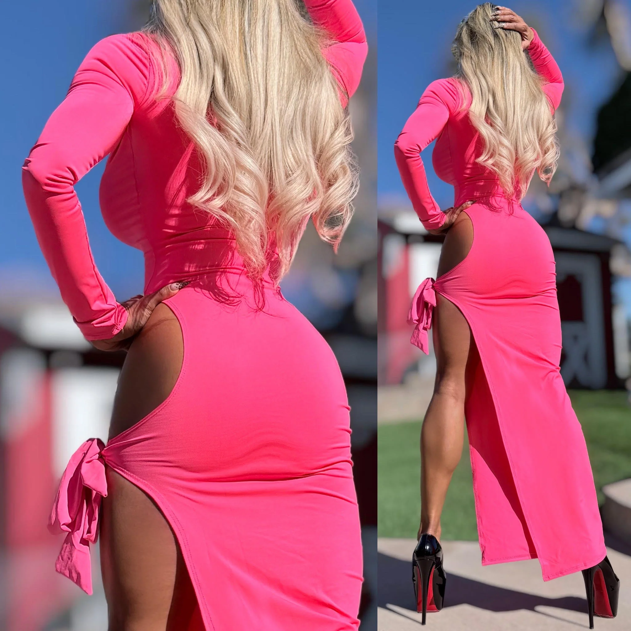 Connie's EXCLUSIVE!!! "PINK Ferrari EVENING Mock Neck MAXI 🍸🍸🍸" High Hip Cut, Thigh Tie, Full stretch Fit, No Zippers - Image 4