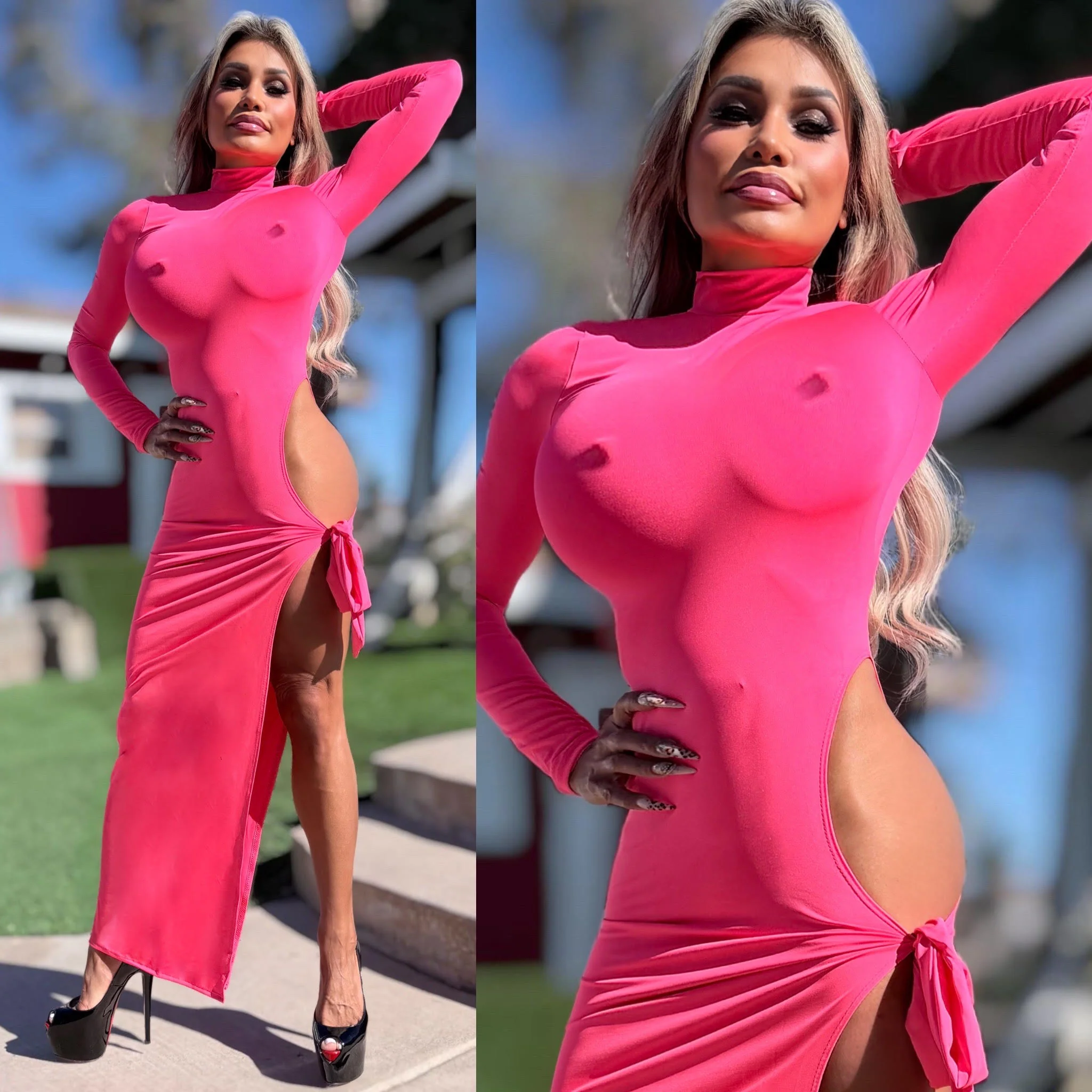 Connie's EXCLUSIVE!!! "PINK Ferrari EVENING Mock Neck MAXI 🍸🍸🍸" High Hip Cut, Thigh Tie, Full stretch Fit, No Zippers - Image 5