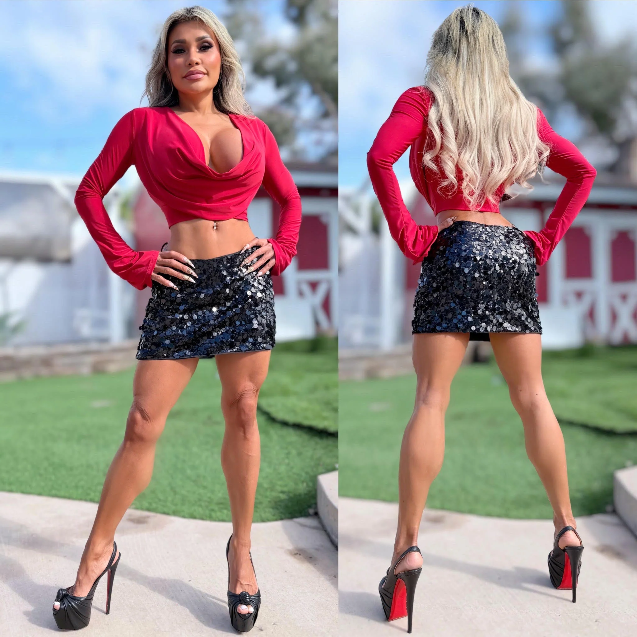 Connie's EXCLUSIVE "RICH PLUNGING RED Bell Sleeve TOP" Double Fabric Support, NO Bra Needed, Made in the USA - Image 2