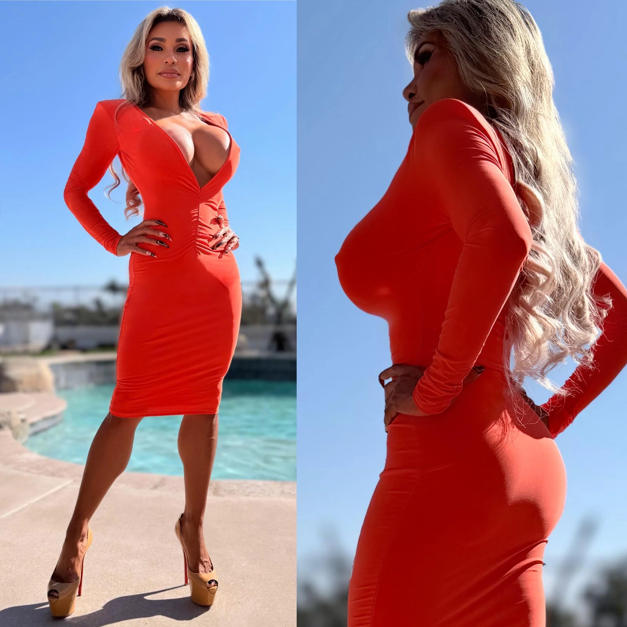 Connie's EXTREME PLUNGE EXCLUSIVE "ORANGE TWIST 🍸 MARTINI MID MINI" MODERN Padded Shoulder Ruched Center, With a SUPER Stretch Tight Fit