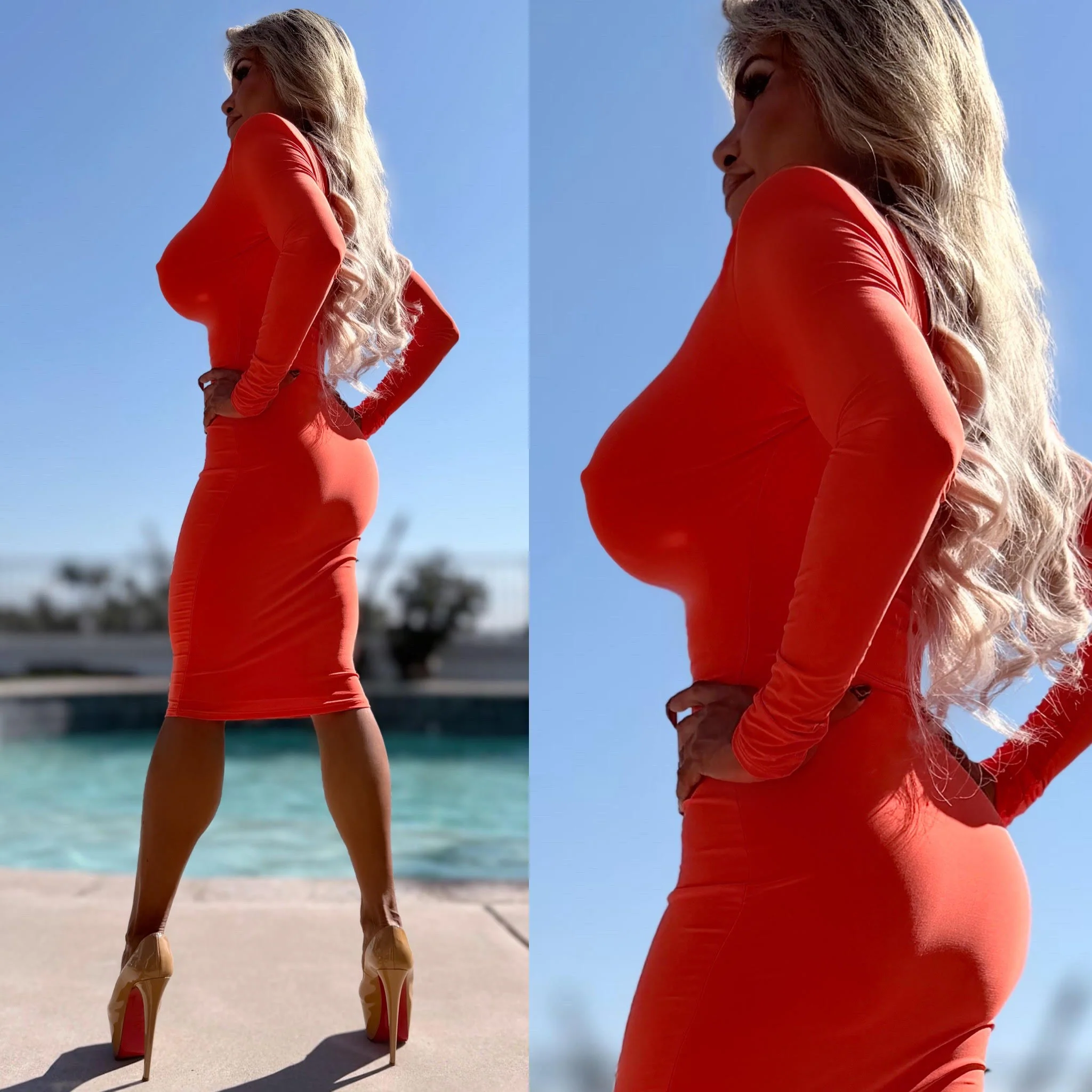 Connie's EXTREME PLUNGE EXCLUSIVE "ORANGE TWIST 🍸 MARTINI MID MINI" MODERN Padded Shoulder Ruched Center, With a SUPER Stretch Tight Fit - Image 6