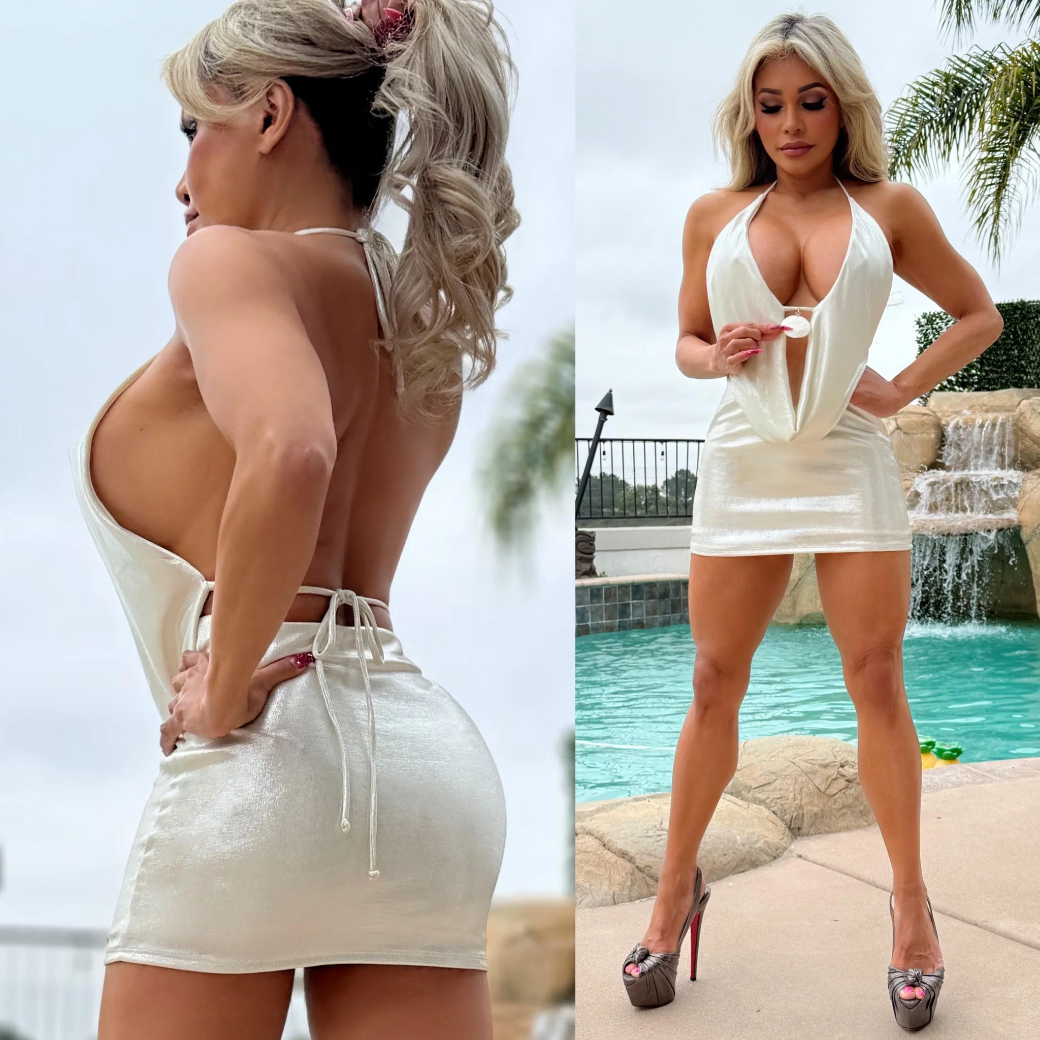 Connie's  EXCLUSIVE "METALLIC WHITE DEEP PLUNGE MINI" Cute Pearl Chest Accent, Stretch Fabric, Adjustable Back and Neck Tie - Image 6