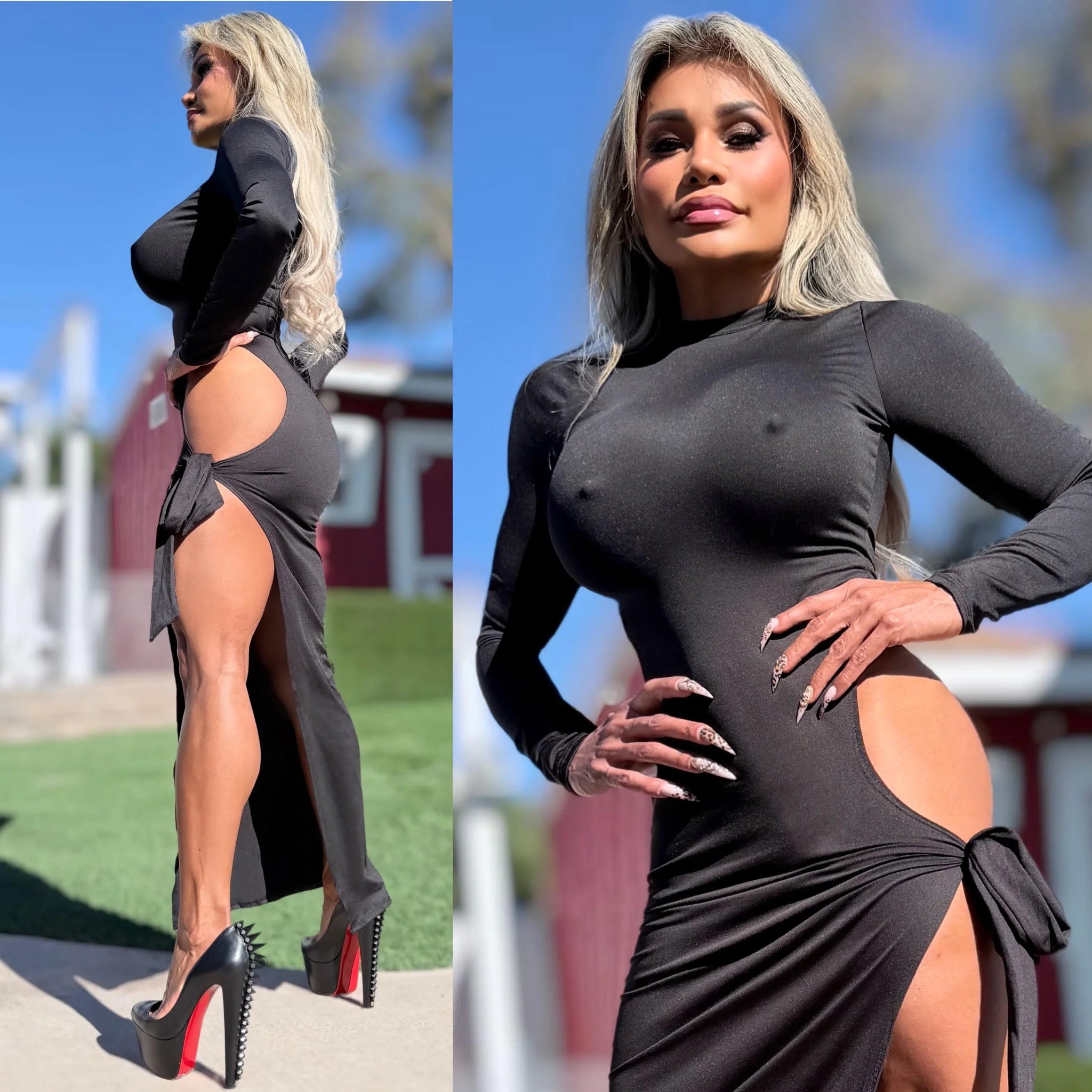 Connie's EXCLUSIVE!!! "BLACK Ferrari EVENING Mock Neck MAXI 🍸🍸🍸" High Hip Cut, Thigh Tie, Full stretch Fit, No Zippers