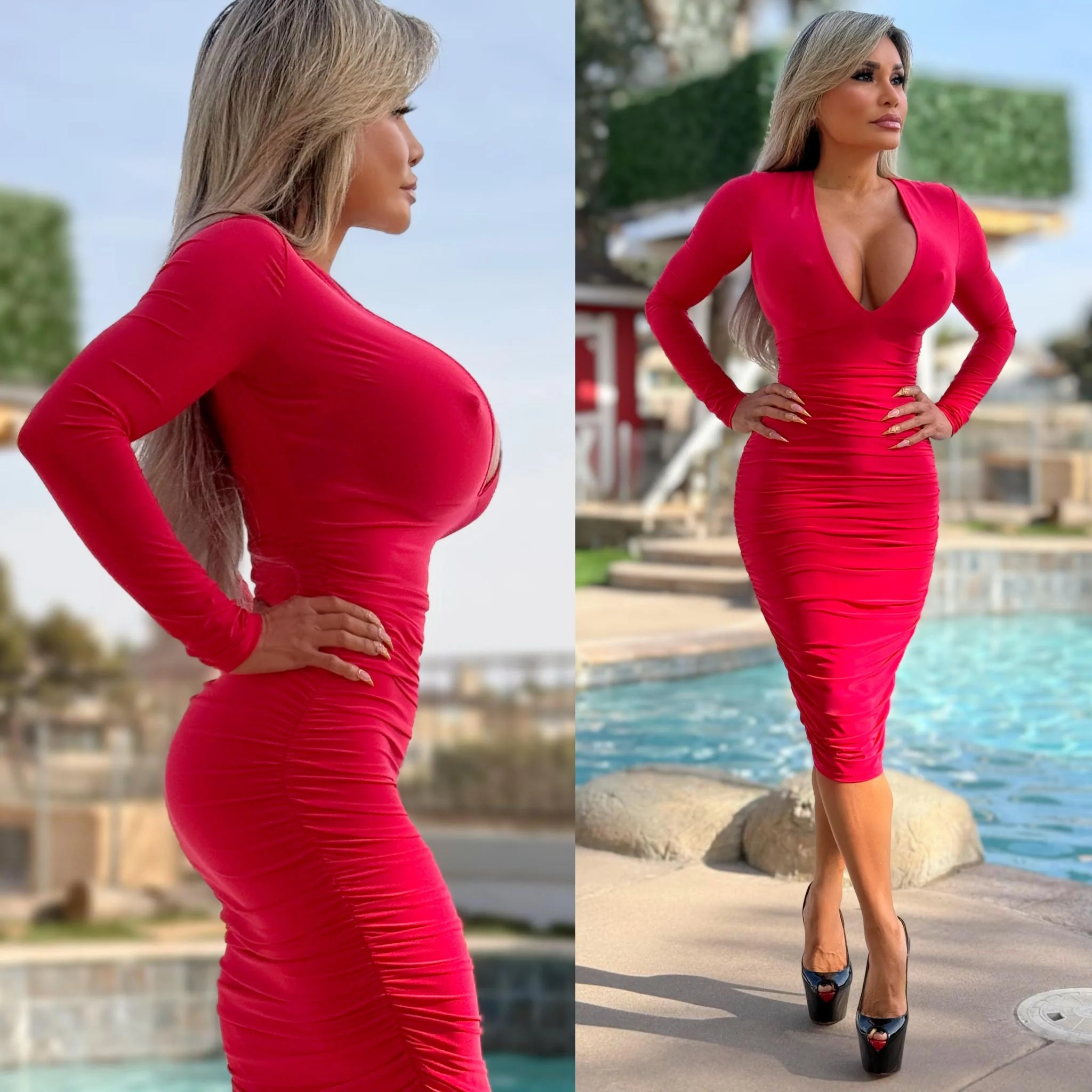 Connie's EXCLUSIVE "PURE RED VIXEN Pencil Midi" DEEP Plunge Chest, Ruched Lower, With a SUPER Stretch Tight Fit - Image 3