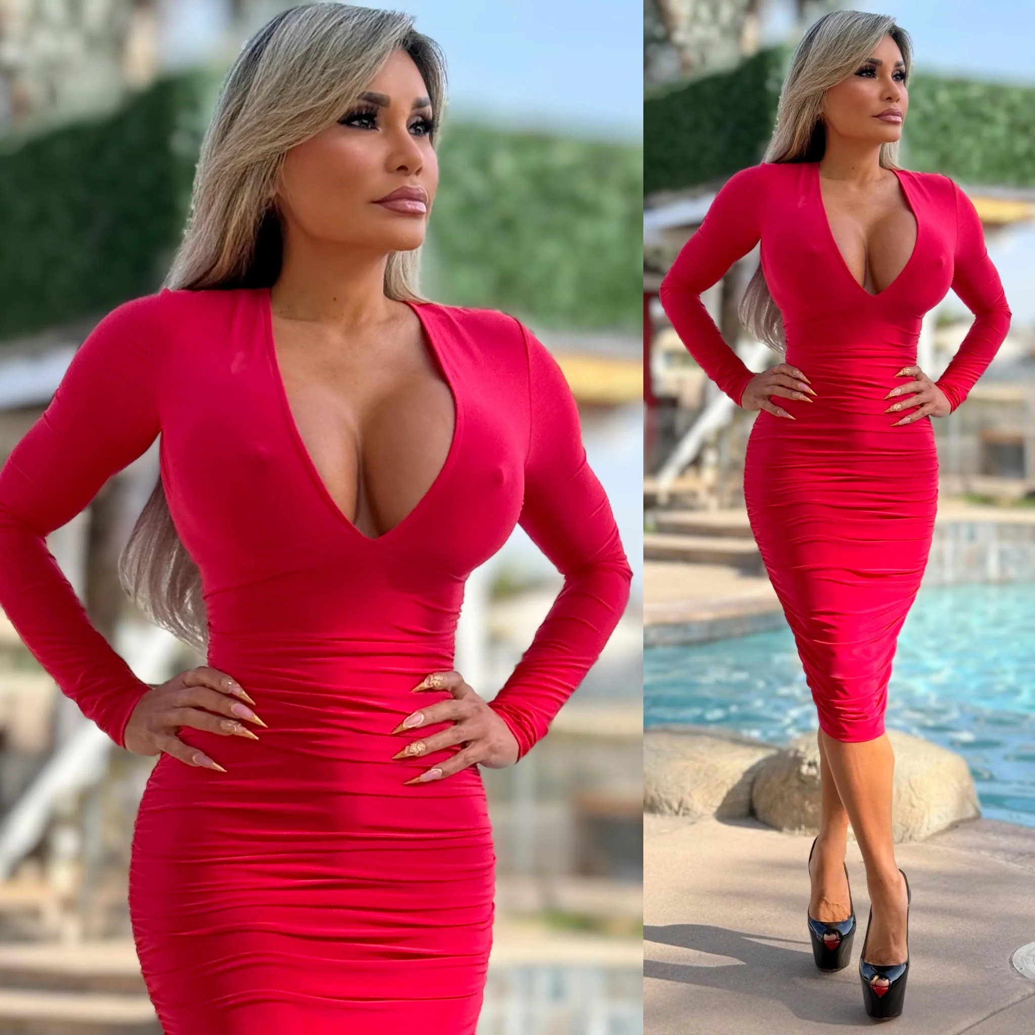 Connie's EXCLUSIVE "PURE RED VIXEN Pencil Midi" DEEP Plunge Chest, Ruched Lower, With a SUPER Stretch Tight Fit - Image 4